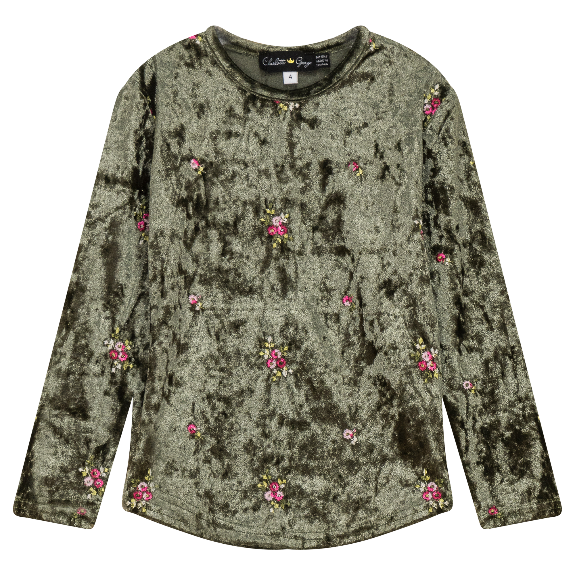 Velour Flower Embroidered Top in Olive by Charlotte & George