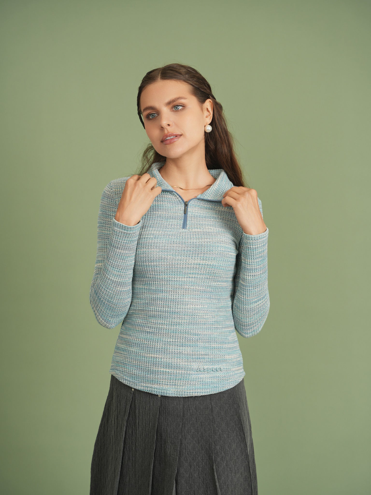Waffle Stretch Top in Multi Green by Aspect