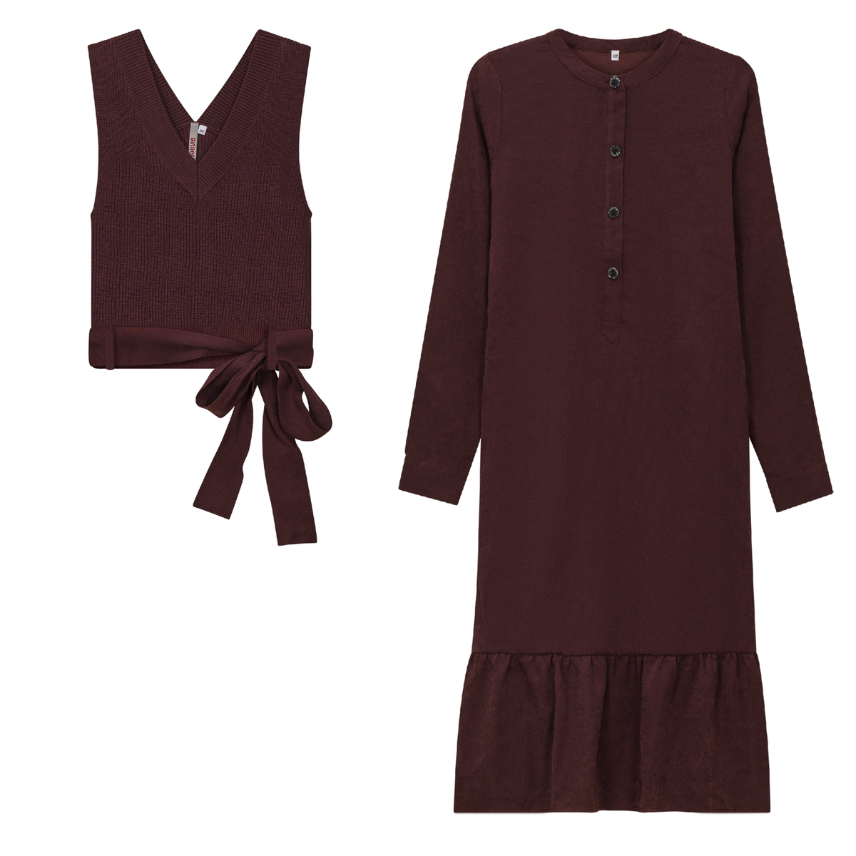 Woven Dress with Knit Vest in Burgundy by Ginger