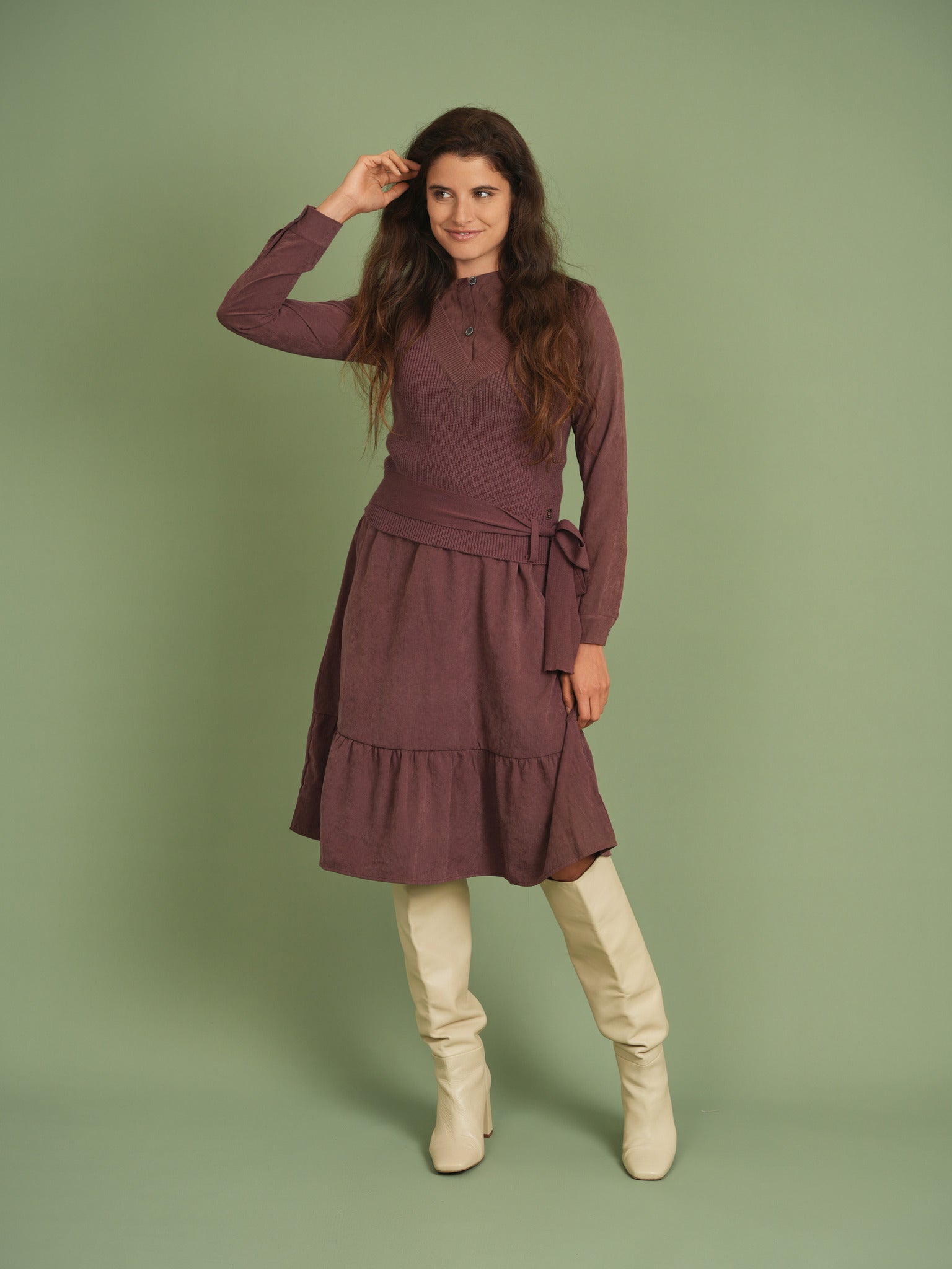 Woven Dress with Knit Vest in by Ginger