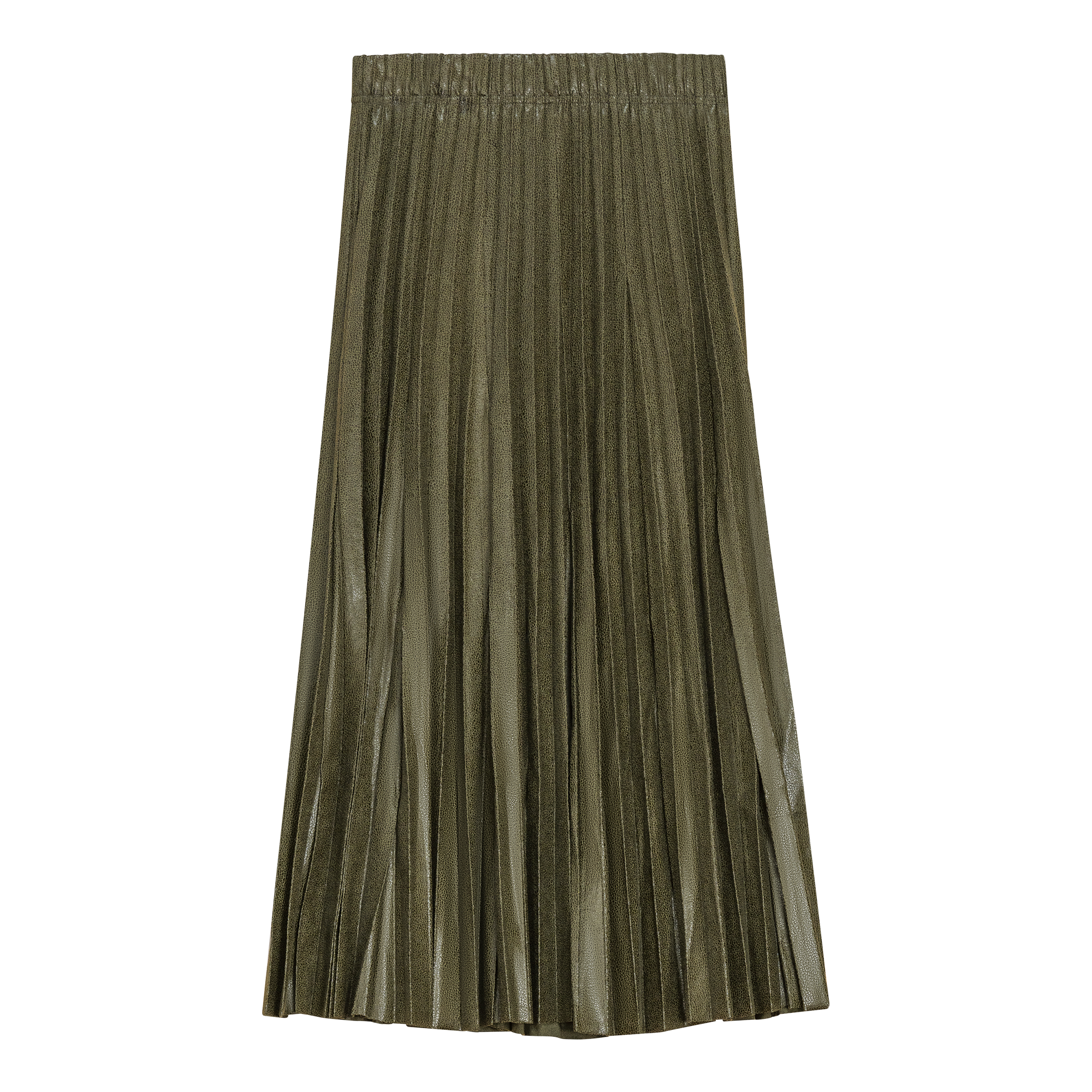 Leather Crinkle Pleated Midi Skirt in Olive by Aspect