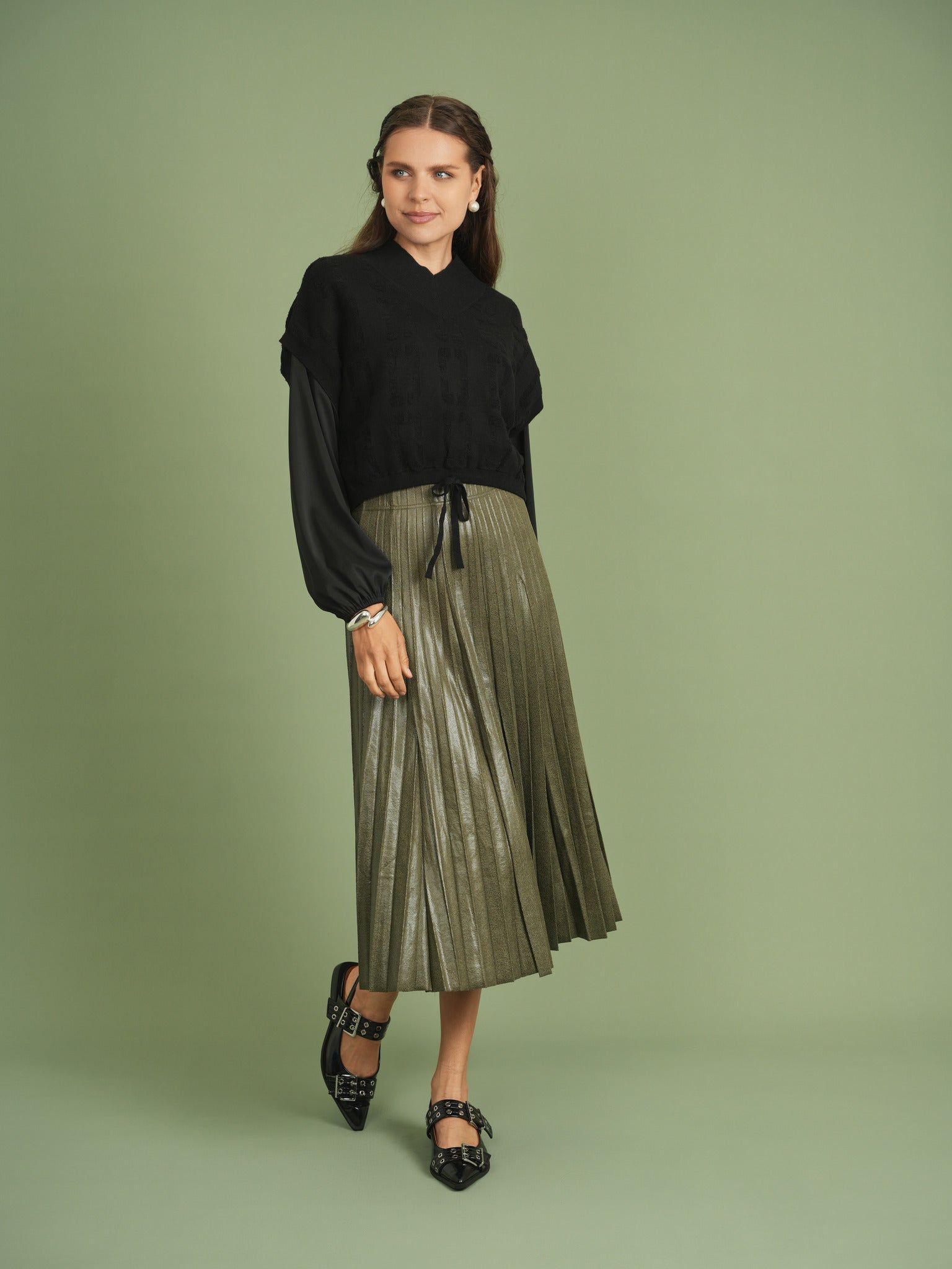 Leather Crinkle Pleated Midi Skirt in by Aspect