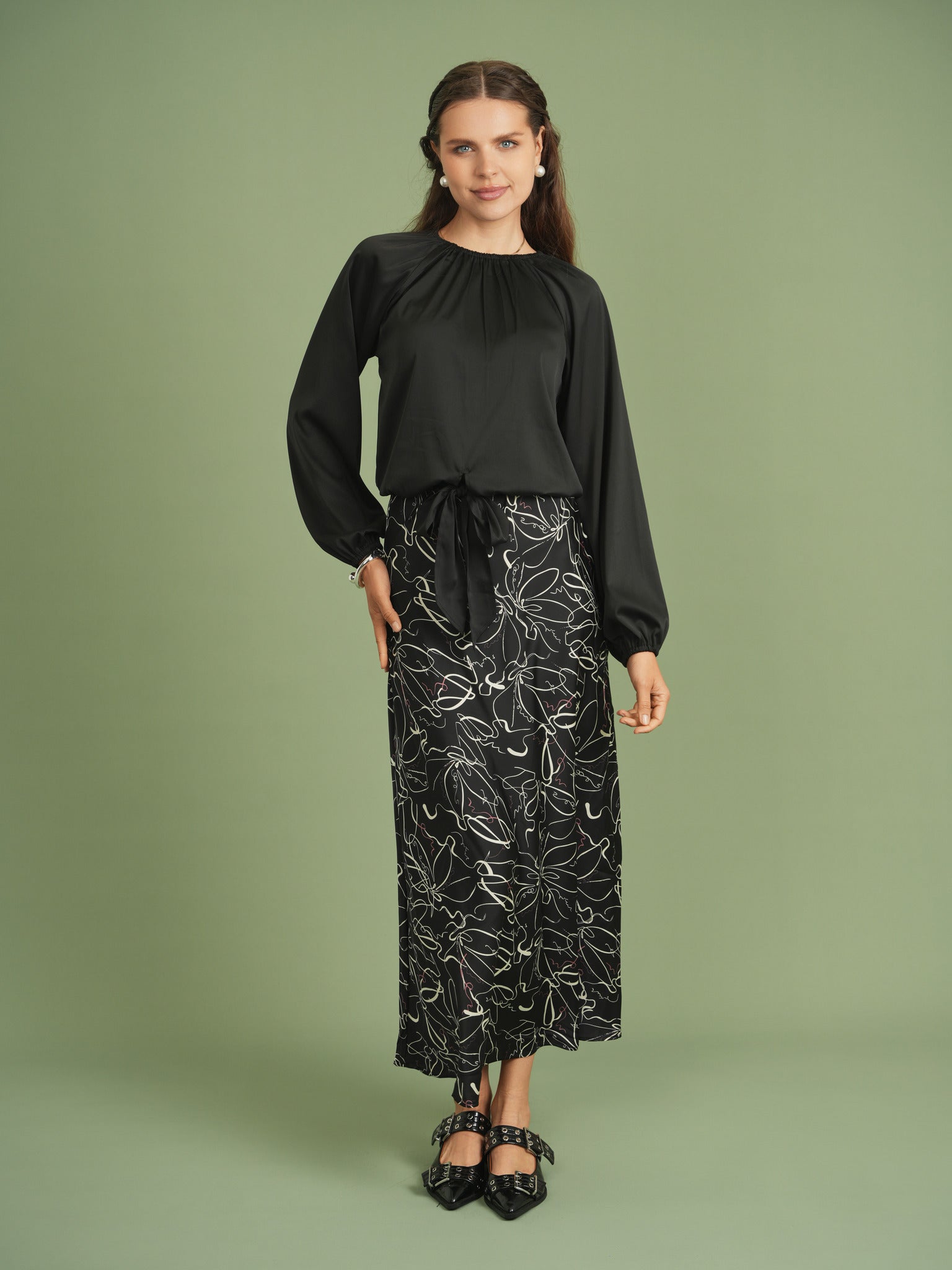 Woven Printed Maxi Skirt in Black Coffee by Ginger