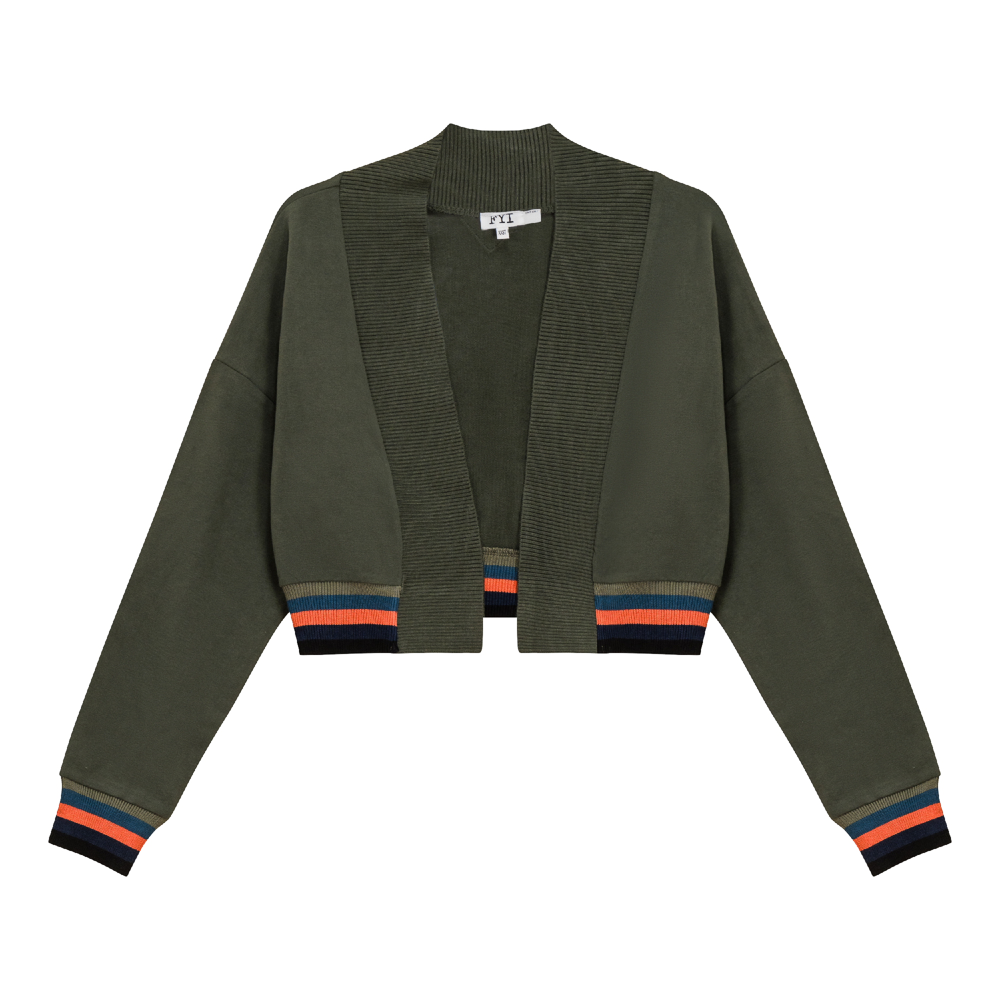 Striped Trim Crop Cardigan in Olive by FYI