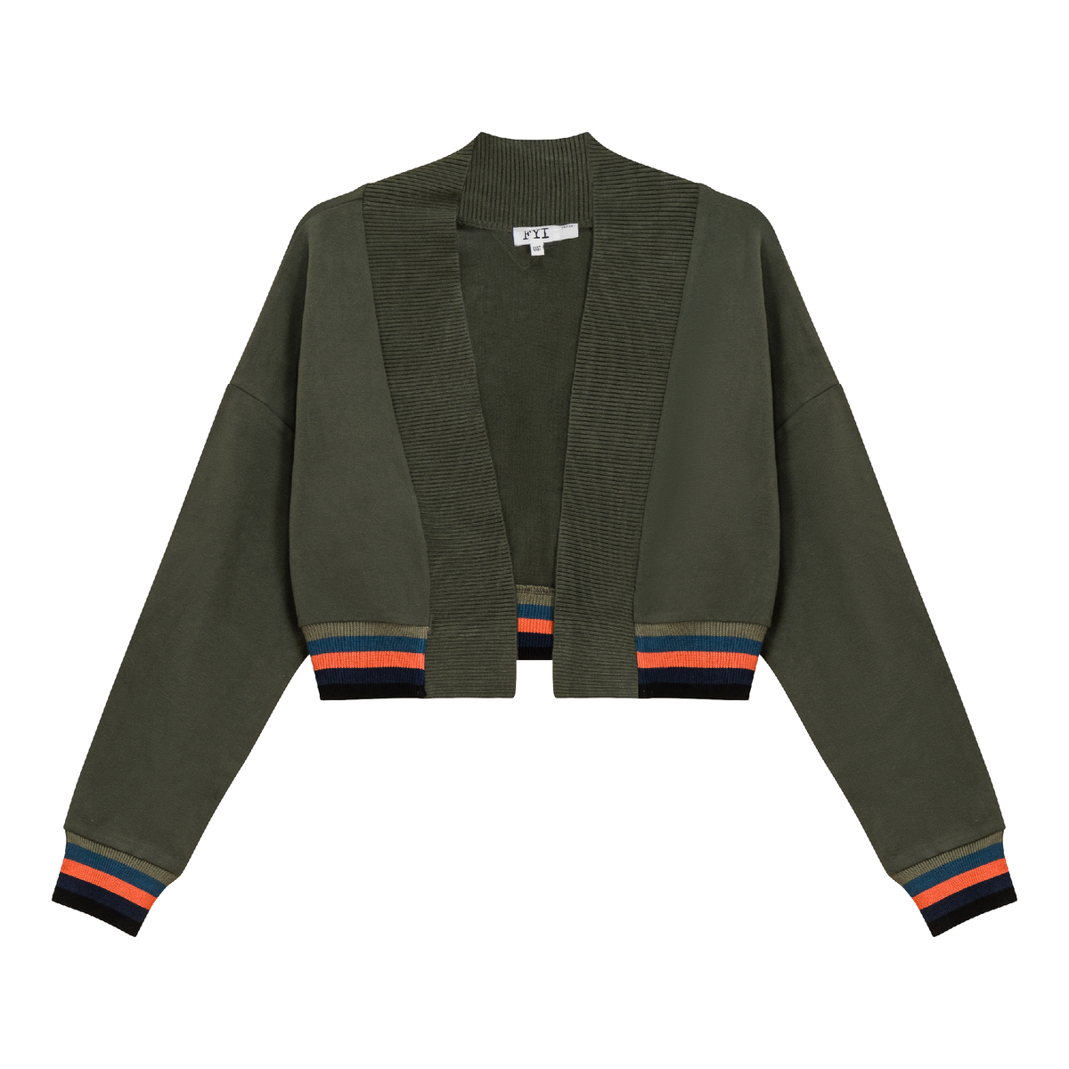 Striped Trim Crop Cardigan in Olive by FYI
