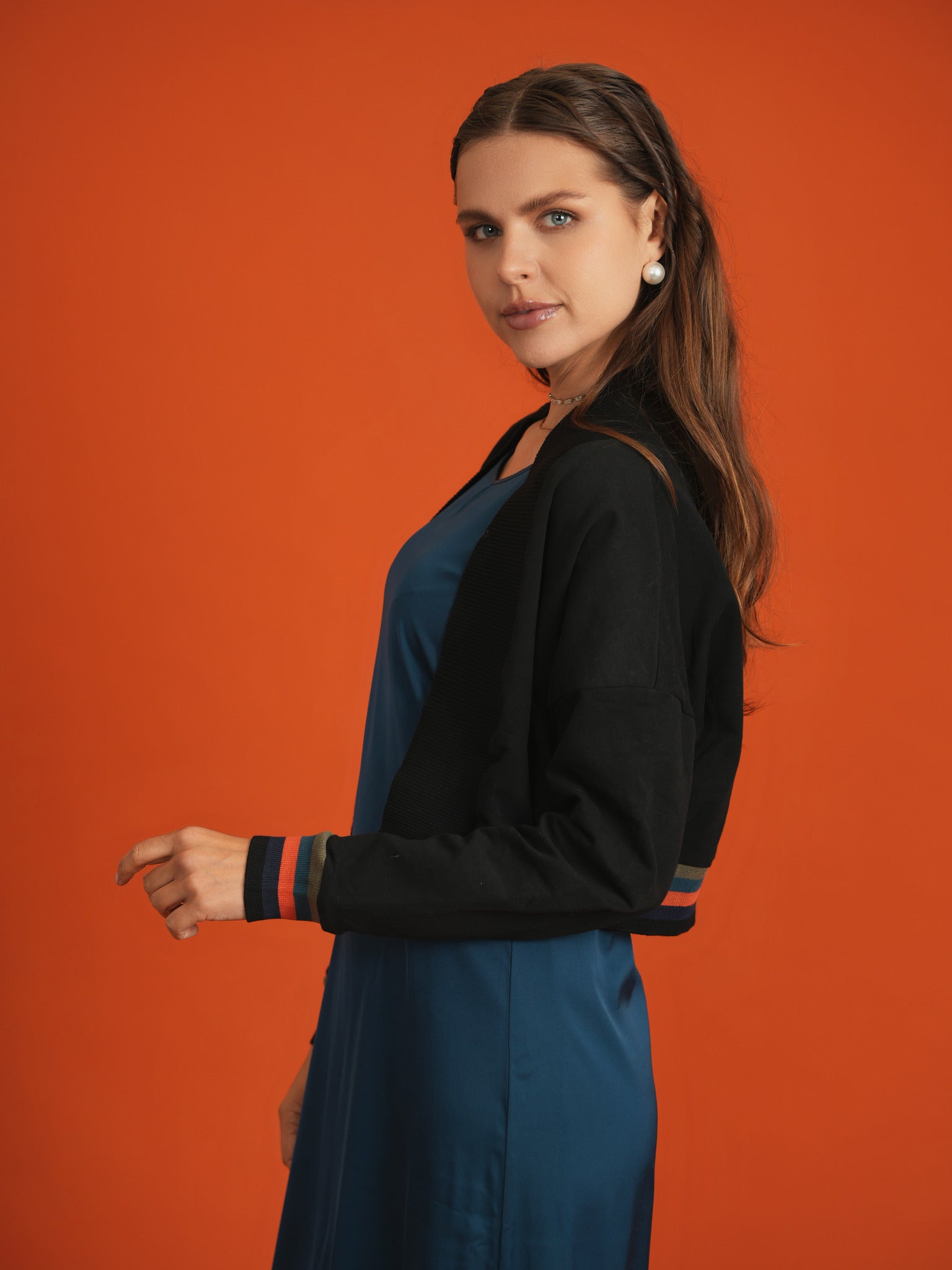 Striped Trim Crop Cardigan in Black by FYI