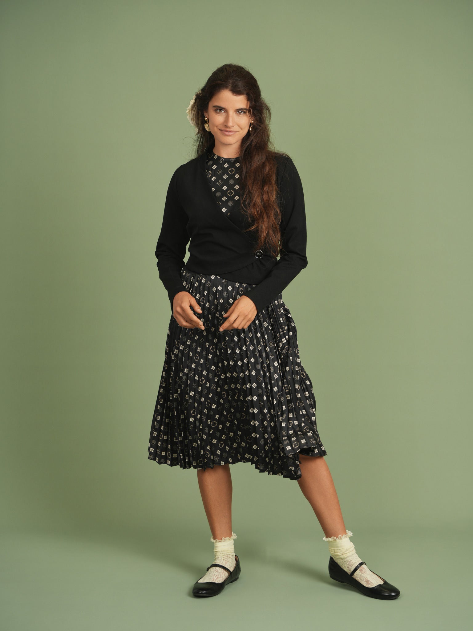 Slinky Printed Midi Jumper in Off White by Ginger