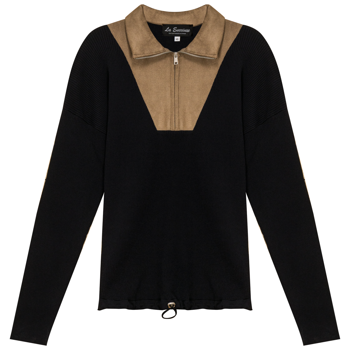 Maternity Ribbed Knit Zipper Bungee Sweater in Black Dark Stone by La Enceinte