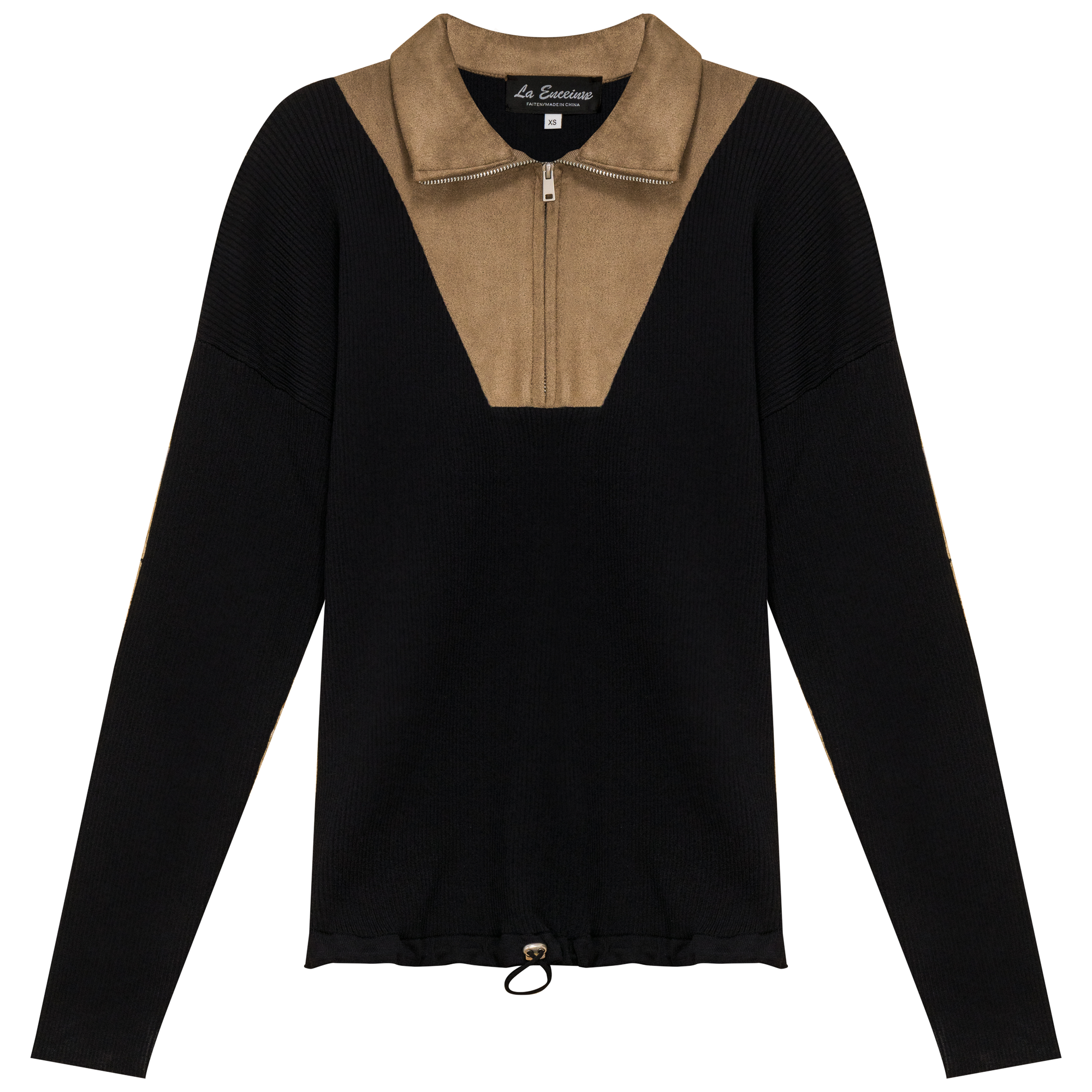 Maternity Ribbed Knit Zipper Bungee Sweater in Black Dark Stone by La Enceinte