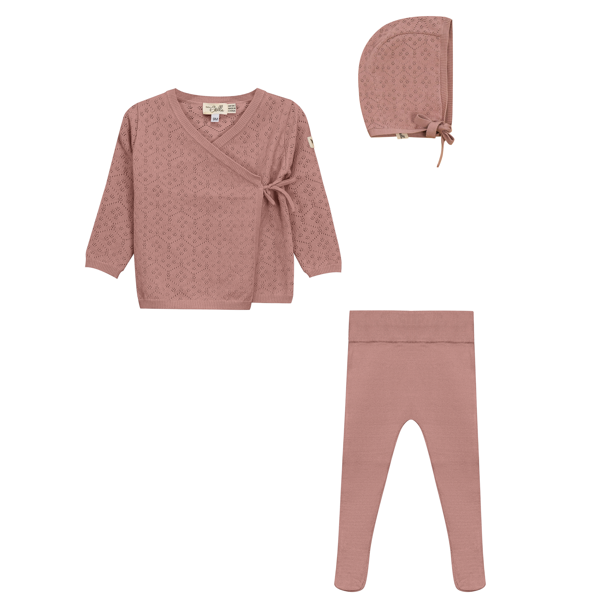 Pointelle Knit 3Pc Set in Dark Blush by Bebe Bella