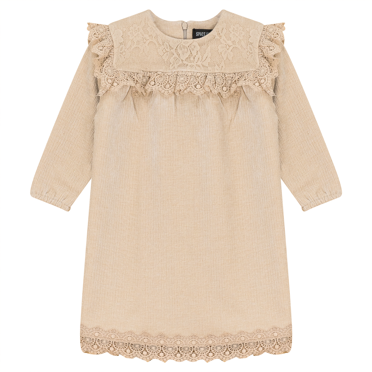 Lace Trim Velvet Dress in Beige by Space Grey