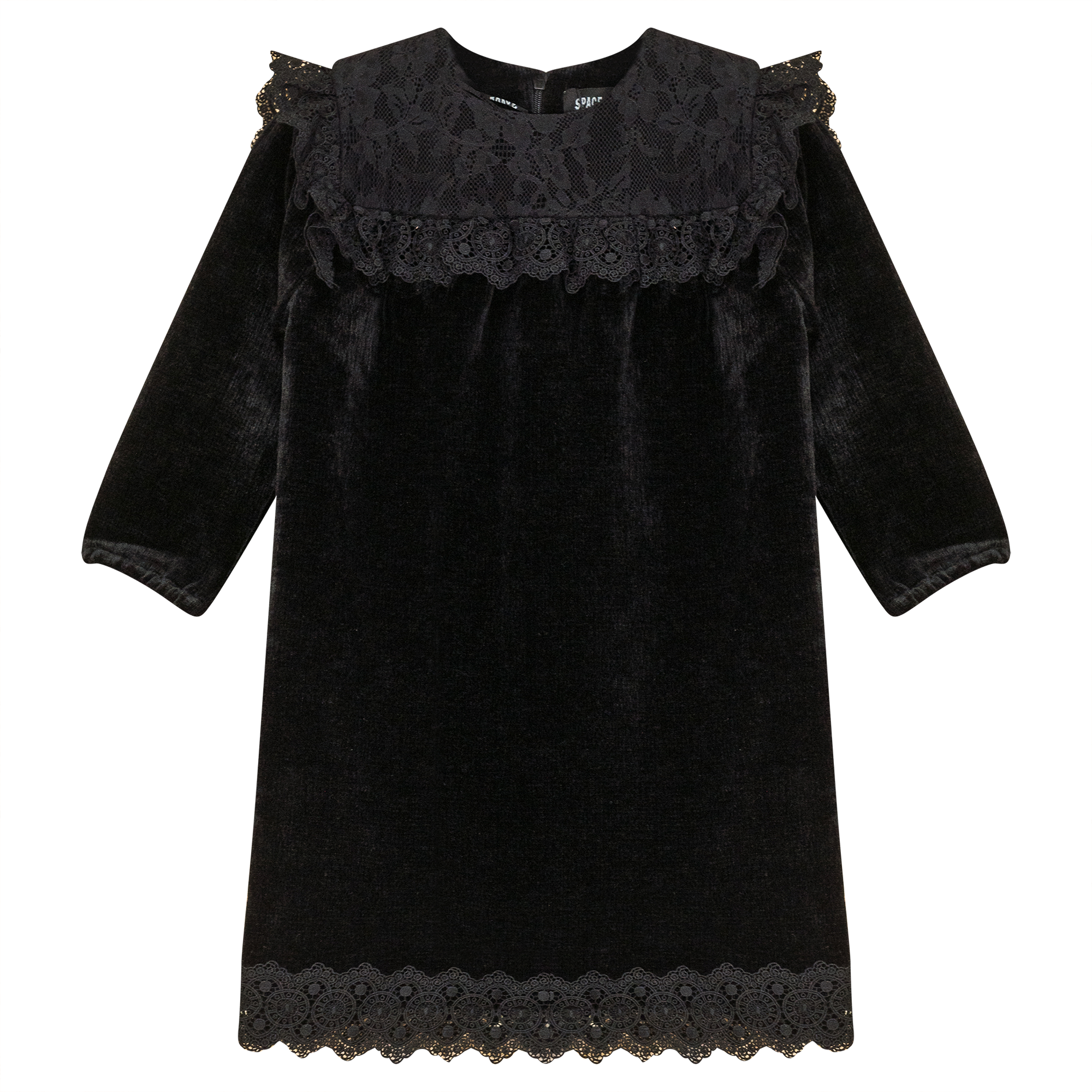 Lace Trim Velvet Dress in Black by Space Grey