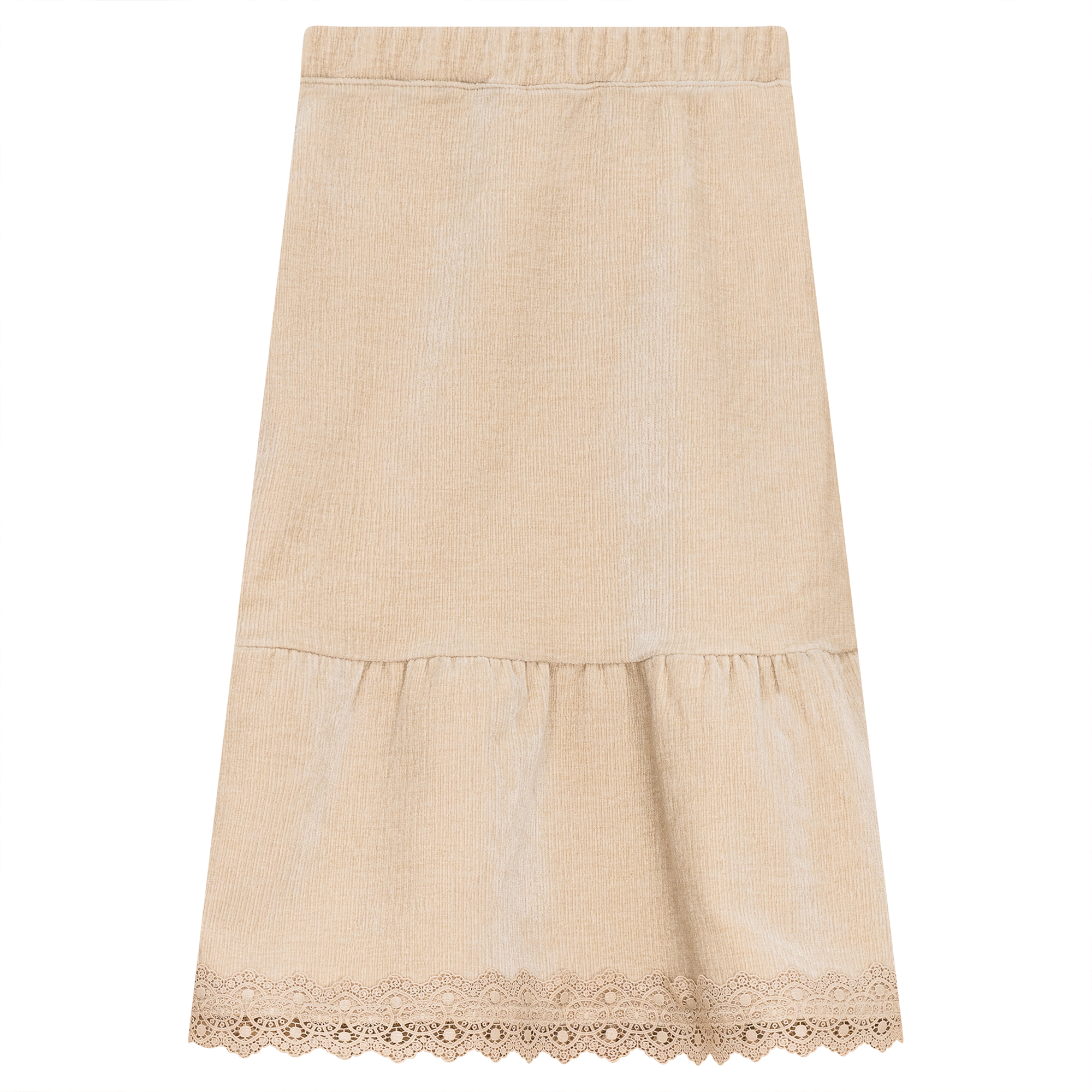 Lace Trim Velvet Skirt in Beige by Space Grey
