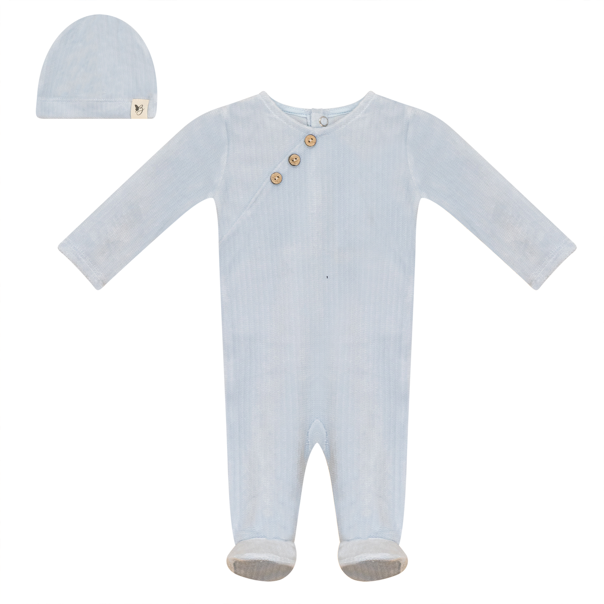 Fake Wrap Onesie with Hat in Light Blue by Bebe Bella
