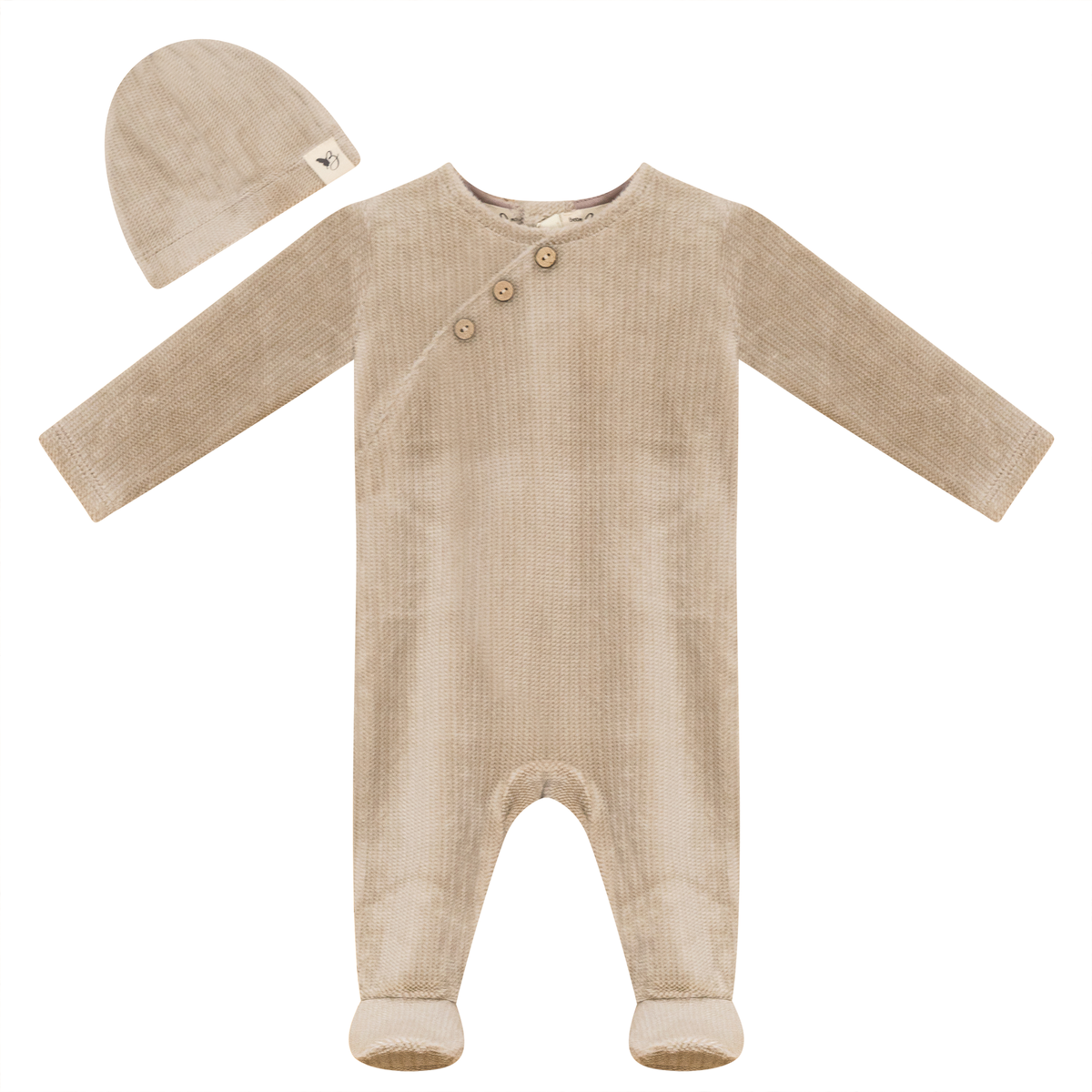 Fake Wrap Onesie with Hat in Taupe by Bebe Bella