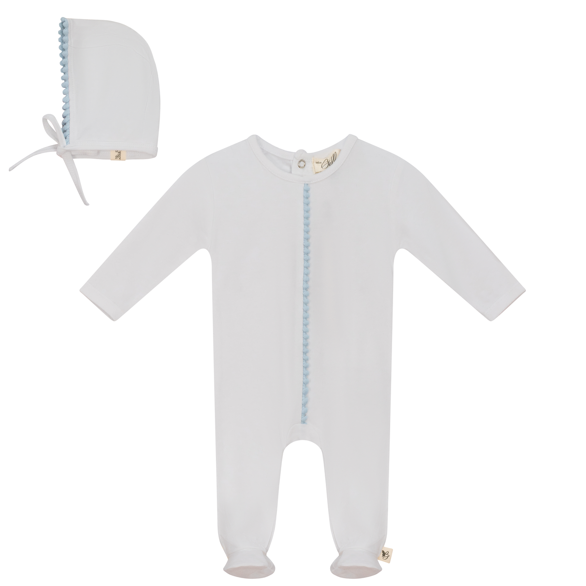 Pom Pom Trim Onesie with Bonnet in White Blue by Bebe Bella