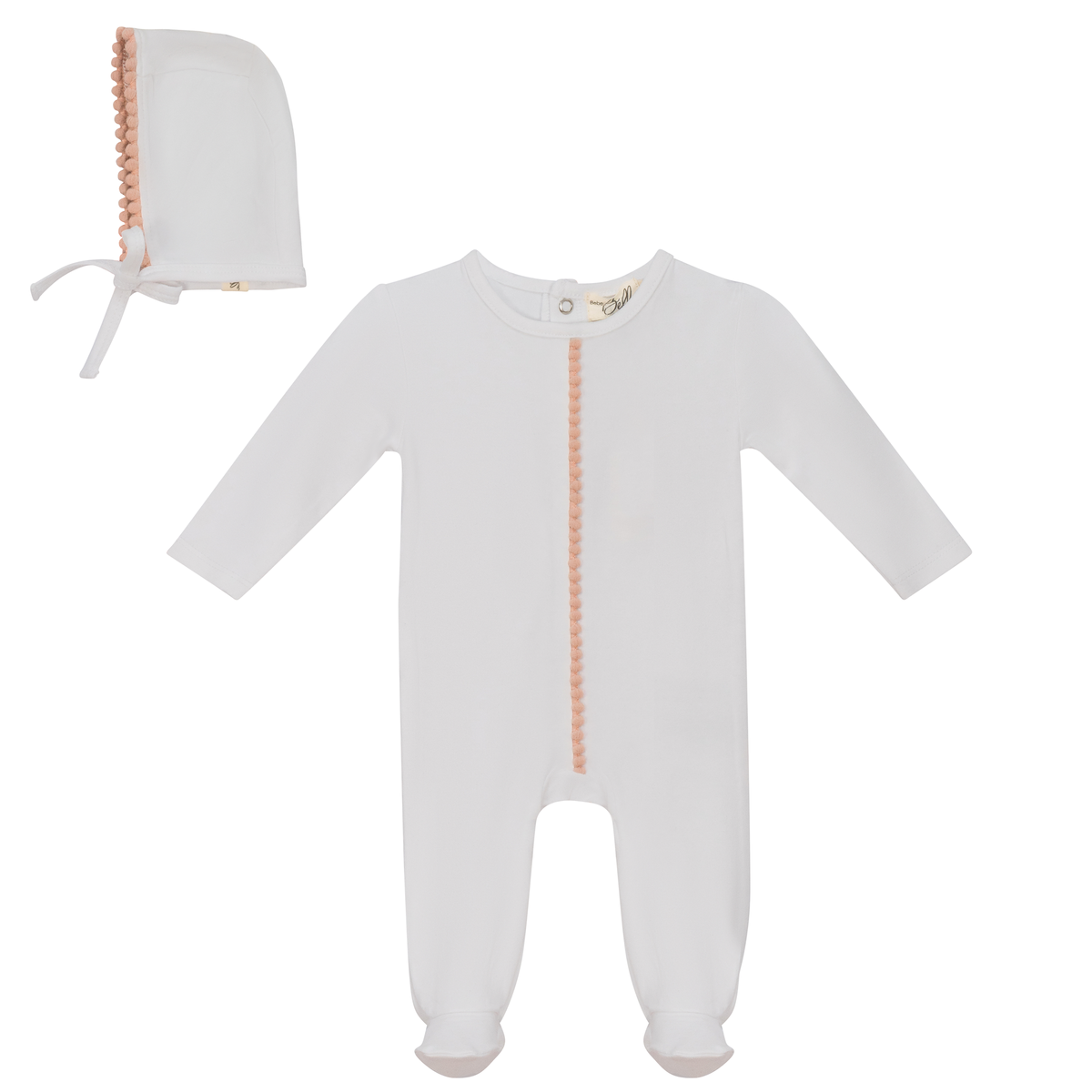 Pom Pom Trim Onesie with Bonnet in White Light Maple by Bebe Bella