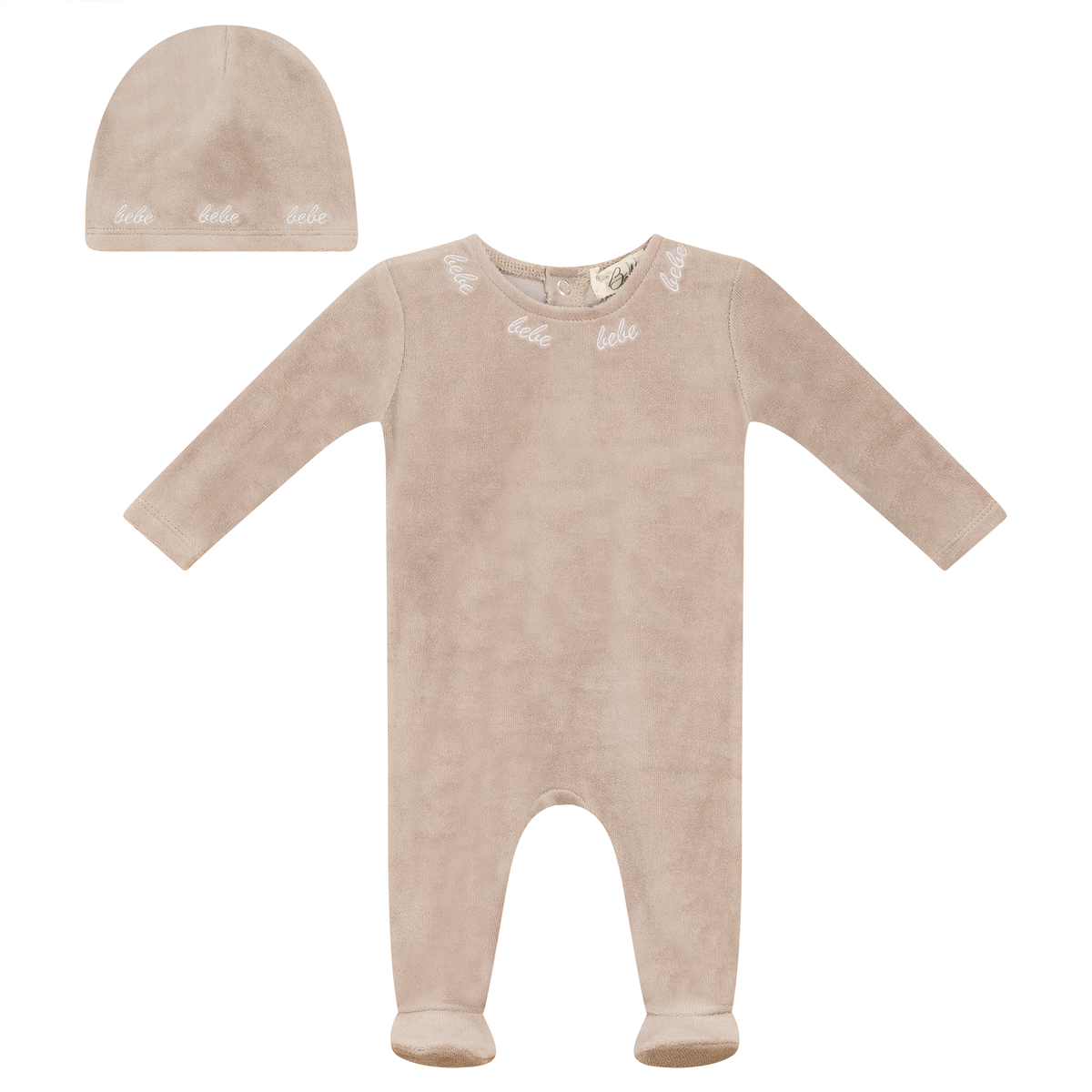 Bebe Embroidered Velour Onesie with Hat in Beige by Bebe Bella