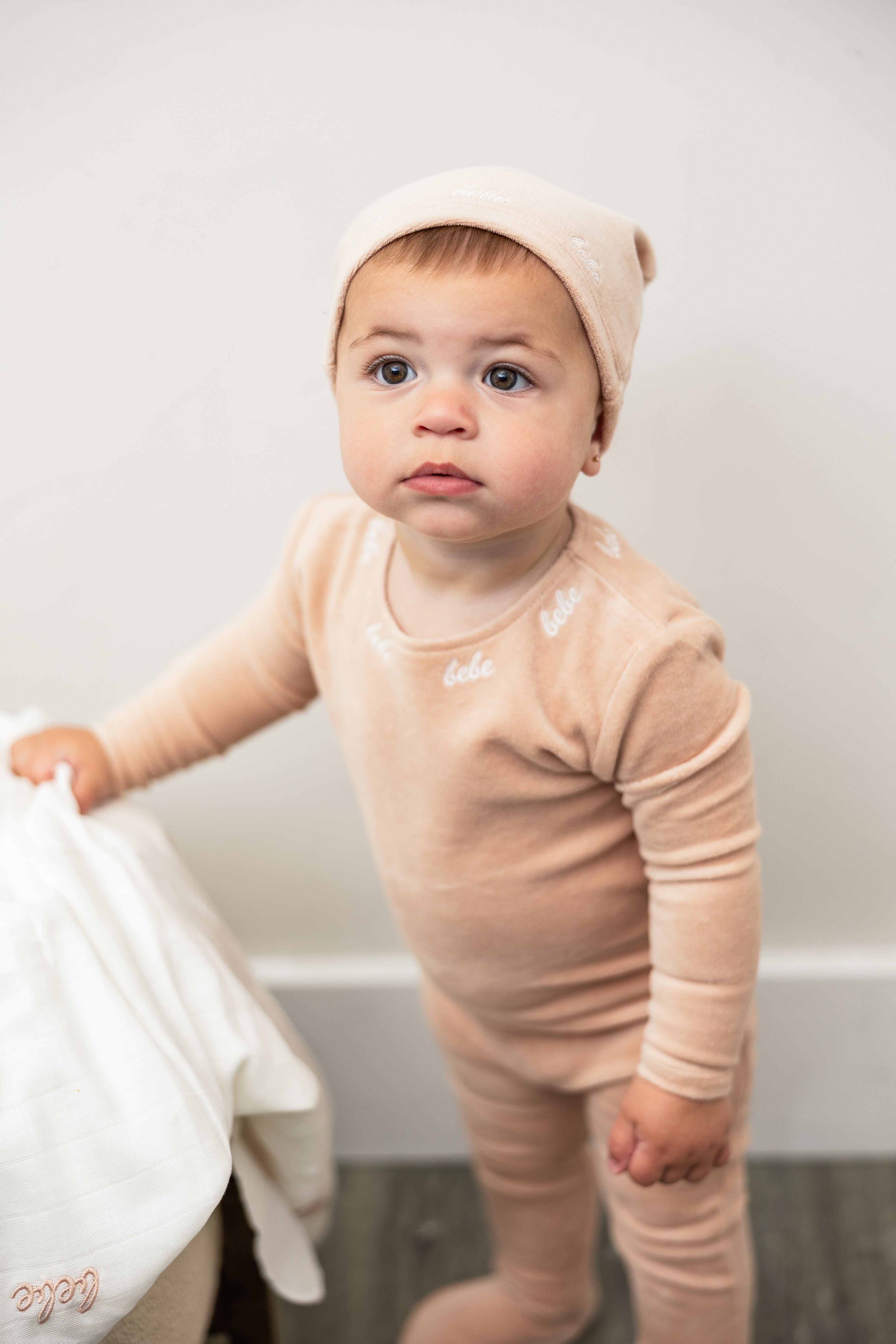Bebe Embroidered Velour Onesie with Hat in by Bebe Bella