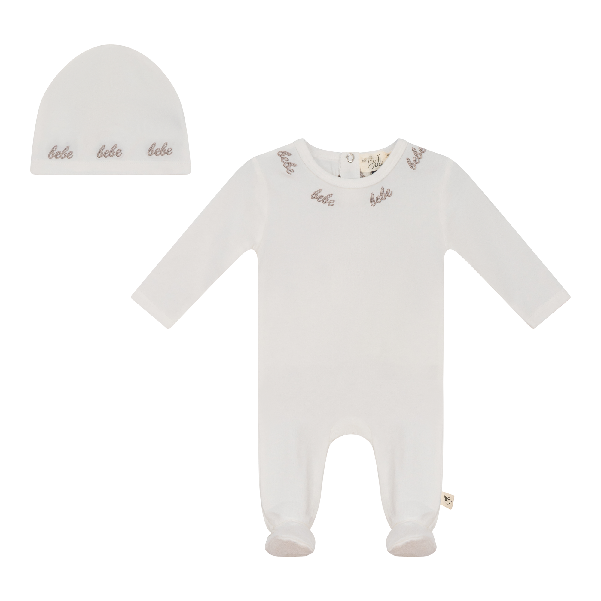 Bebe Embroidered Onesie with Hat in Off White Beige by Bebe Bella