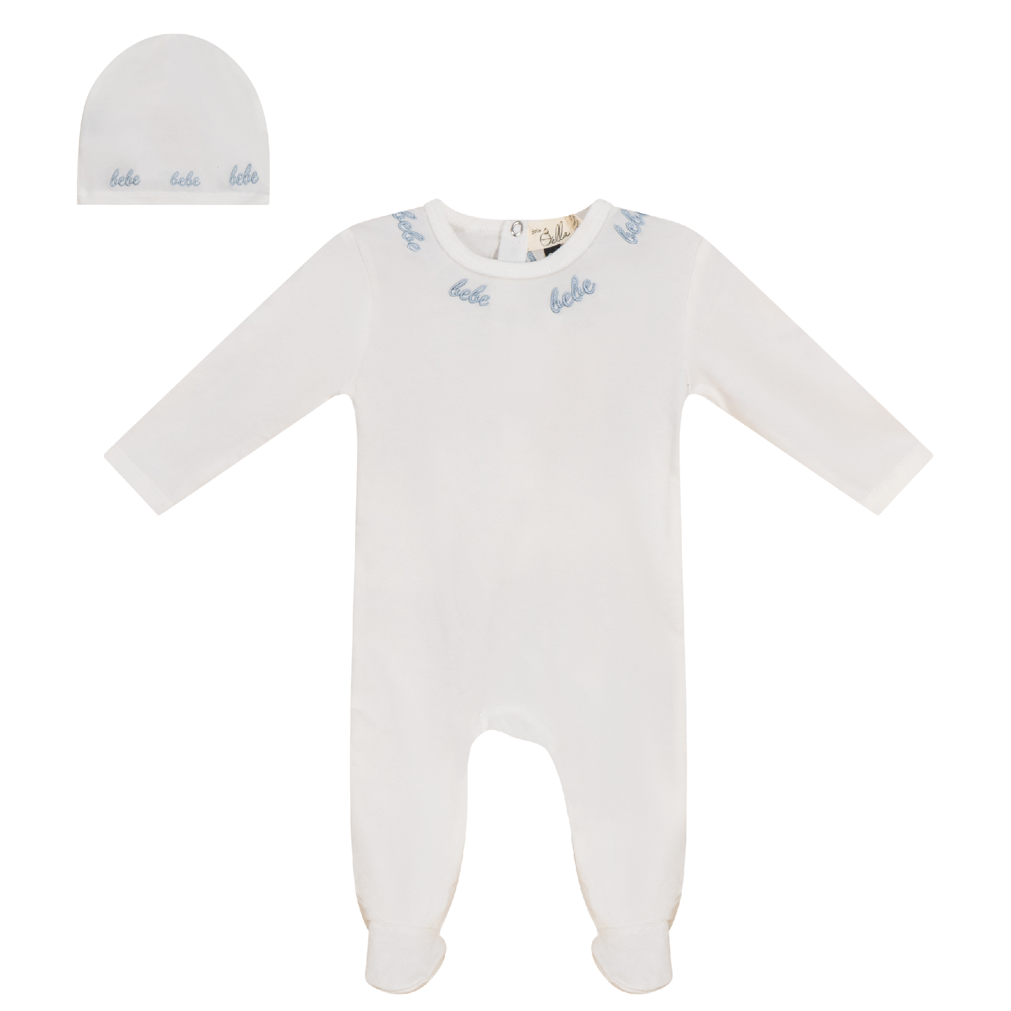 Bebe Embroidered Onesie with Hat in Off White Blue by Bebe Bella