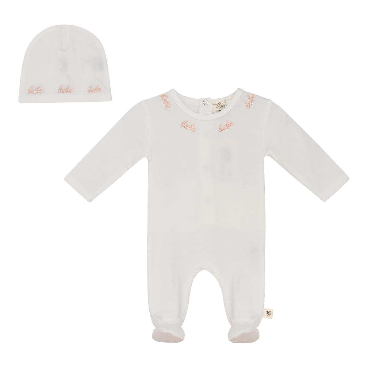 Bebe Embroidered Onesie with Hat in Off White Light Maple by Bebe Bella