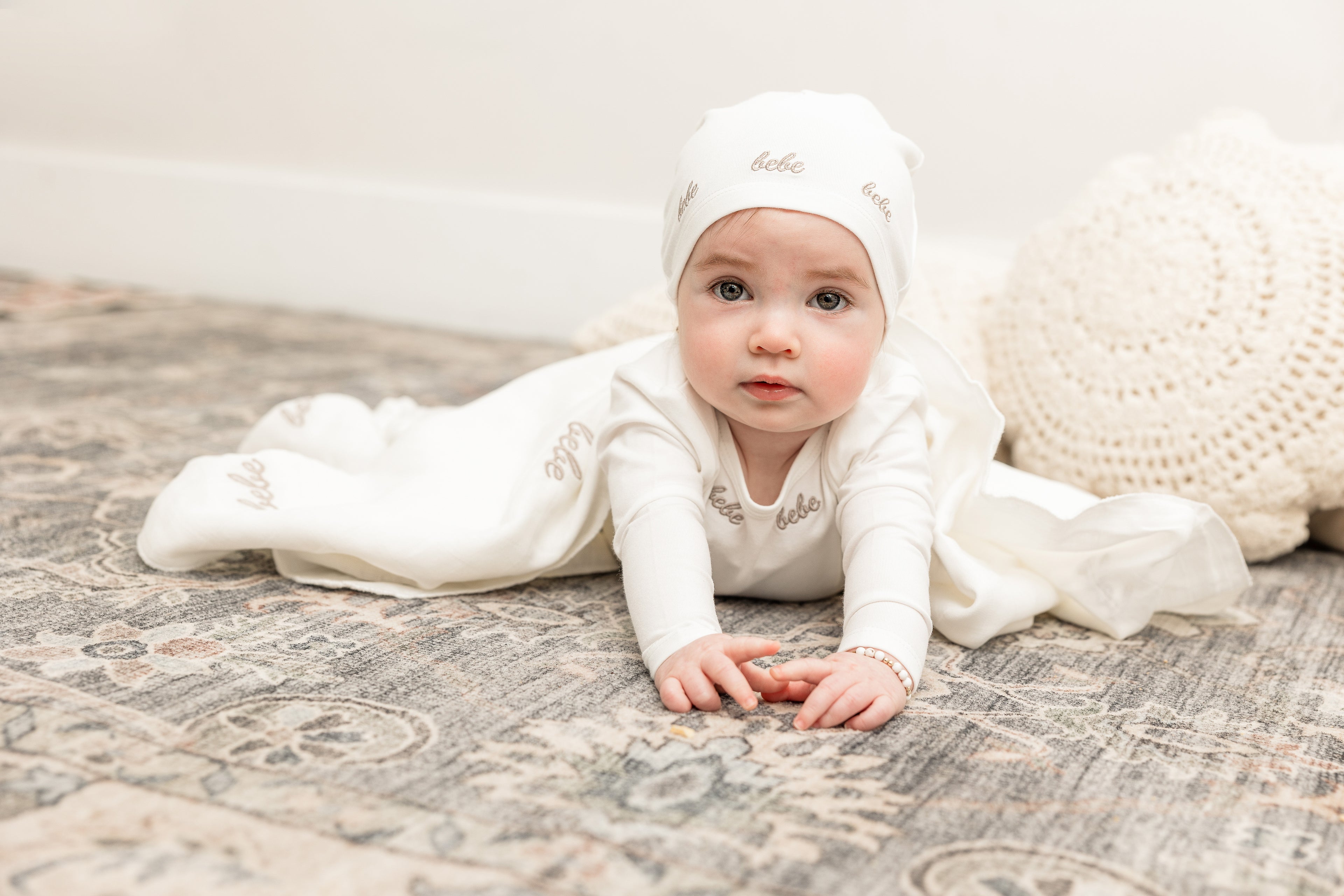 Bebe Embroidered Onesie with Hat in Off White Beige by Bebe Bella