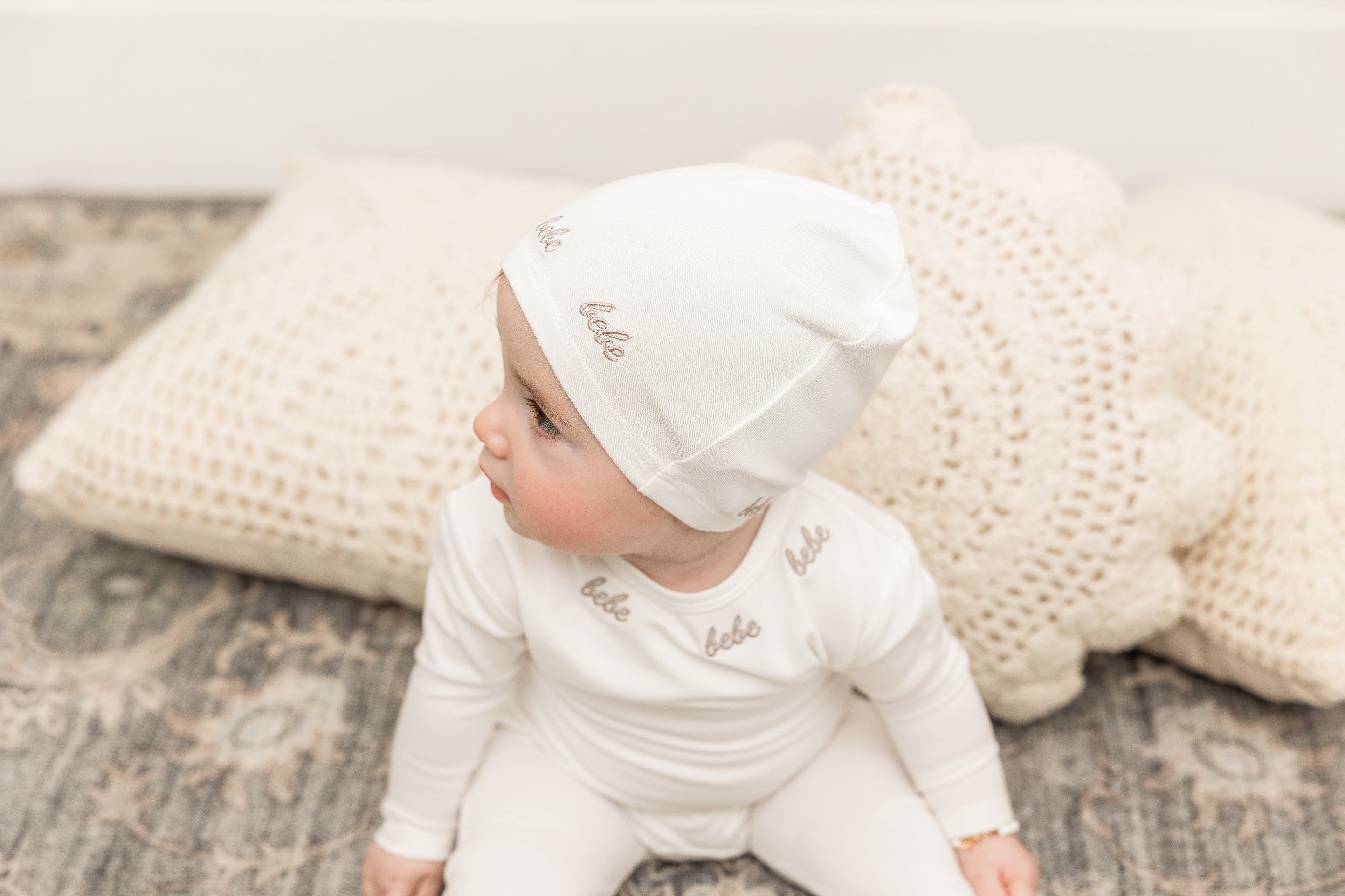 Bebe Embroidered Onesie with Hat in Off White Beige by Bebe Bella