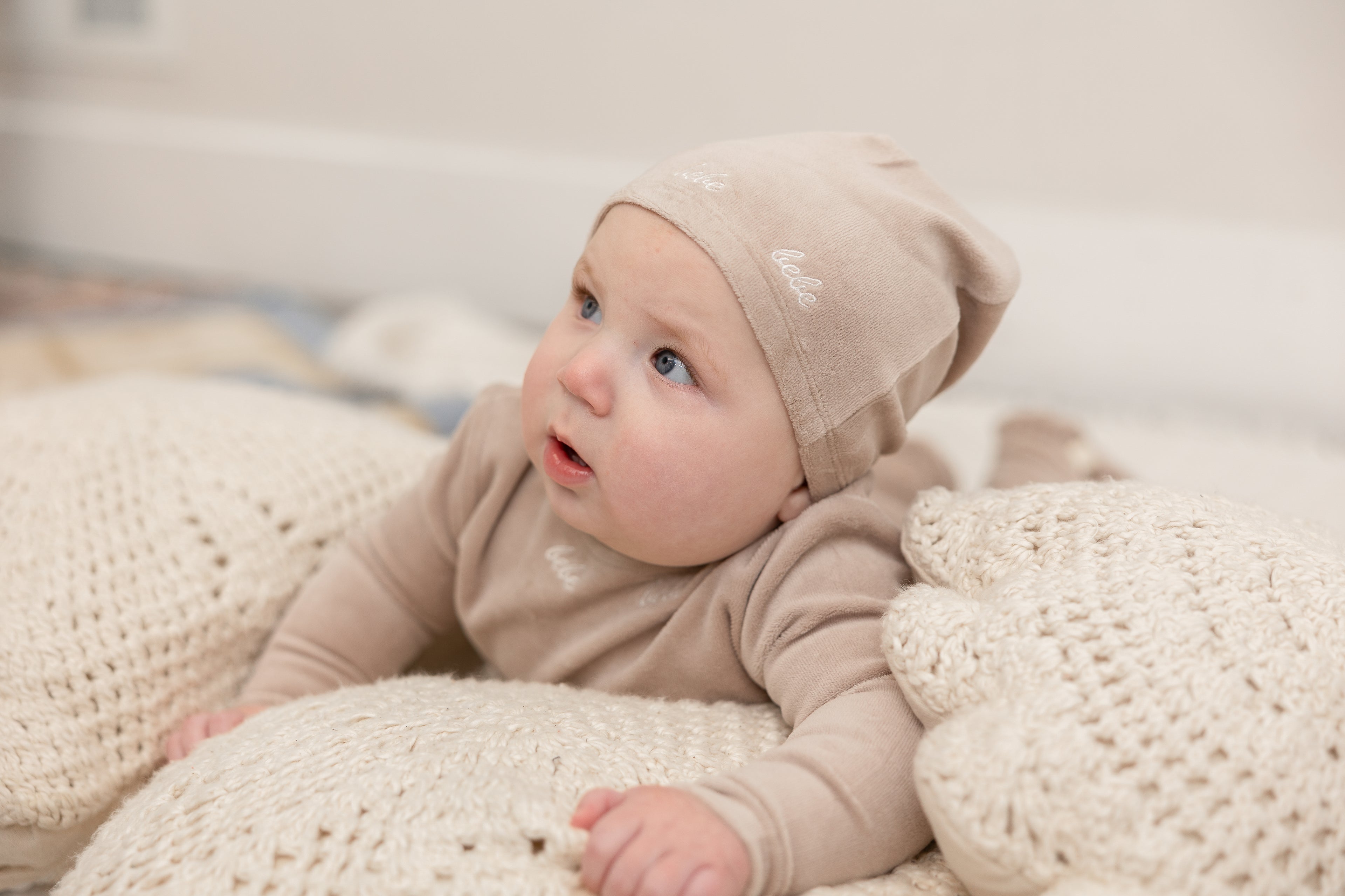 Bebe Embroidered Velour Onesie with Hat in Beige by Bebe Bella