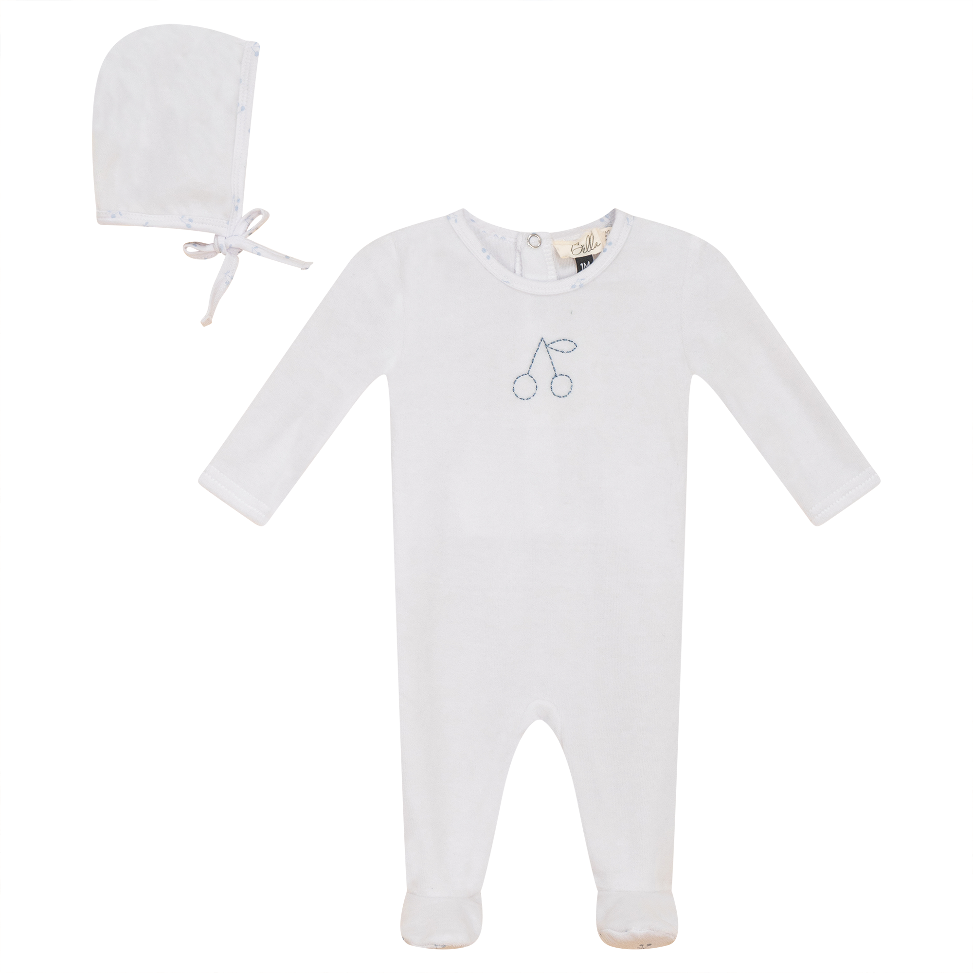 Cherry Print Onesie and Bonnet Velour Set in White Blue by Bebe Bella