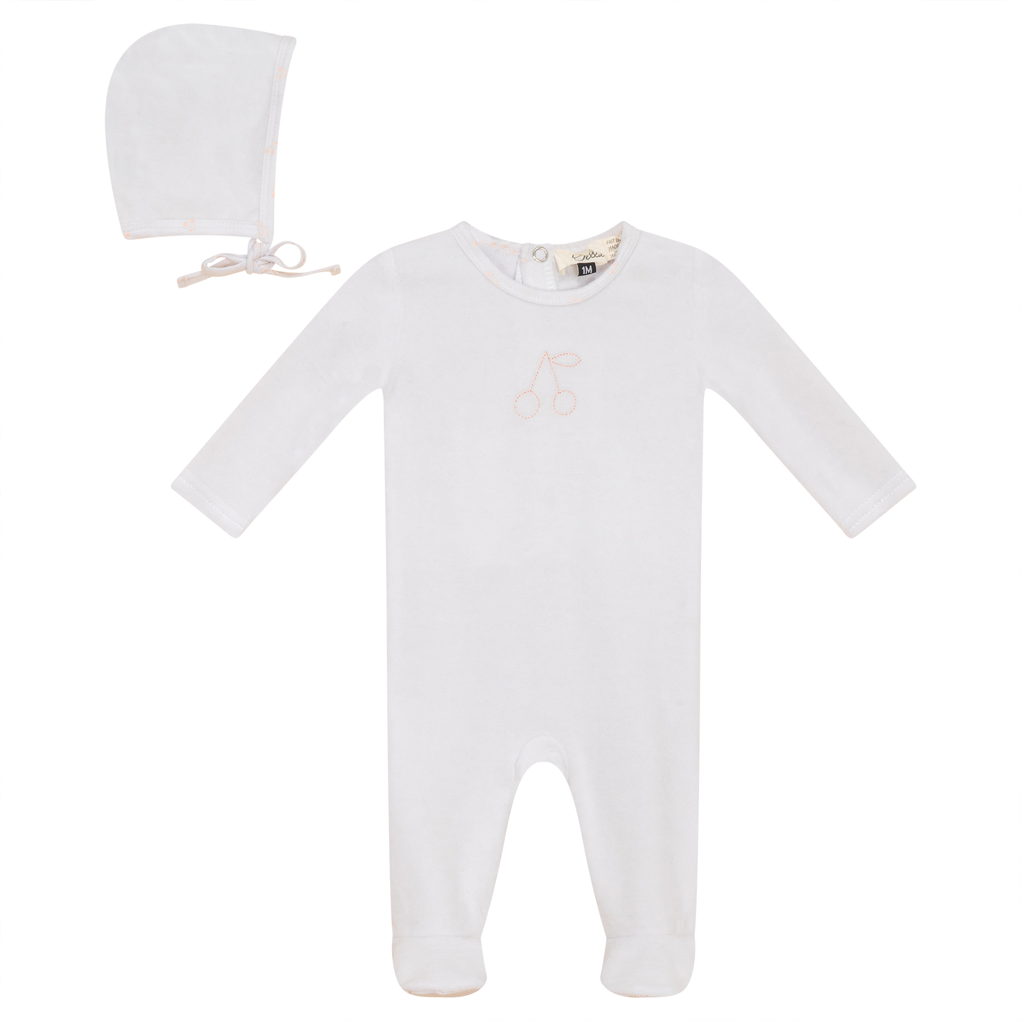 Cherry Print Onesie and Bonnet Velour Set in White Pink by Bebe Bella