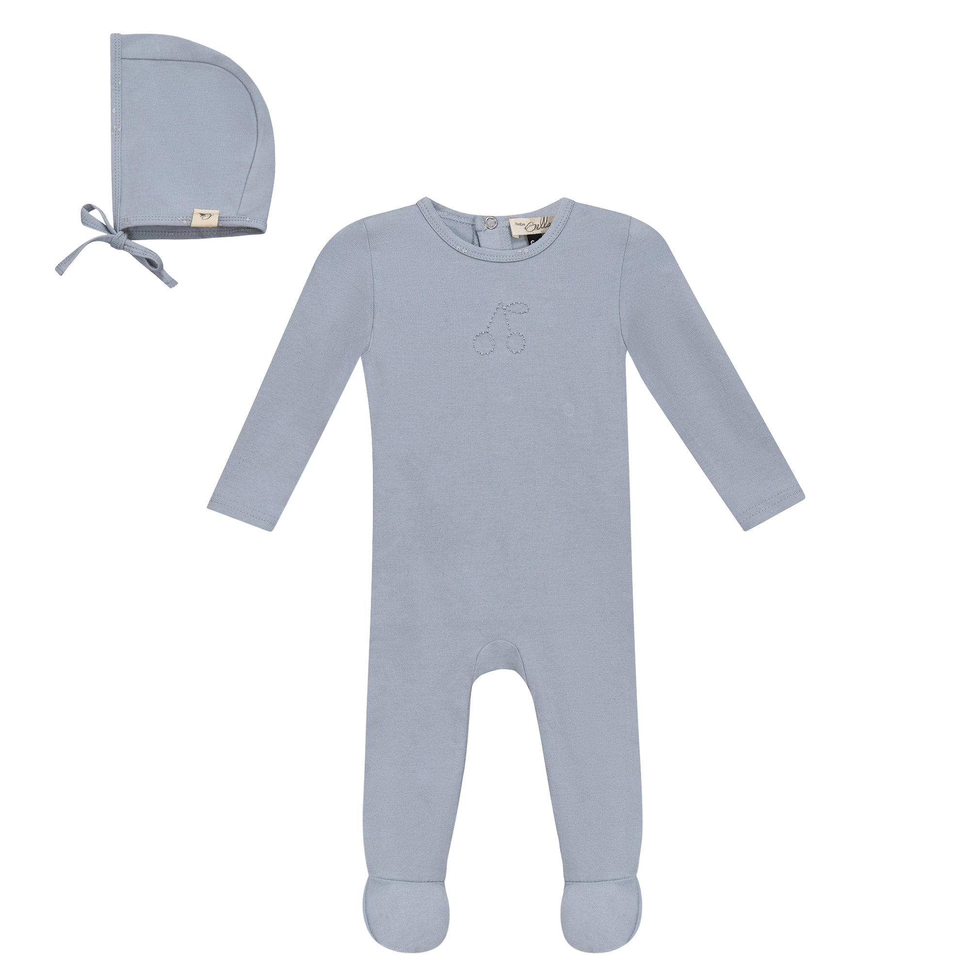 Cherry Print romper and Bonnet Set in Blue by Bebe Bella