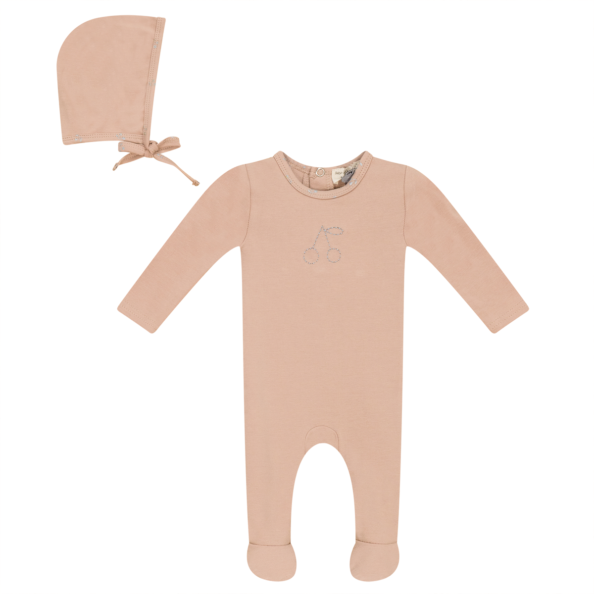 Cherry Print Onesie and Bonnet Set in Light Maple by Bebe Bella