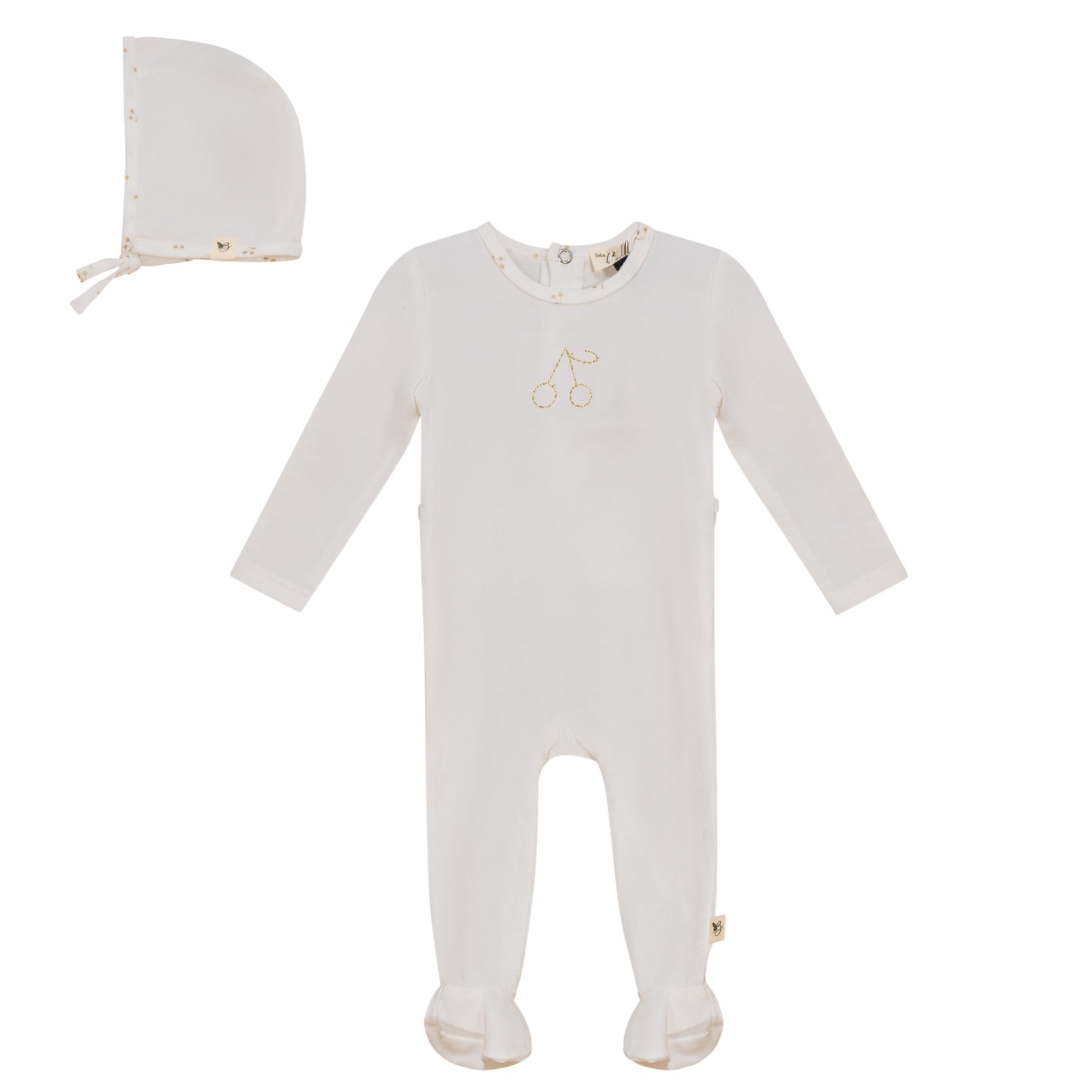 Cherry Print romper and Bonnet Set in White by Bebe Bella