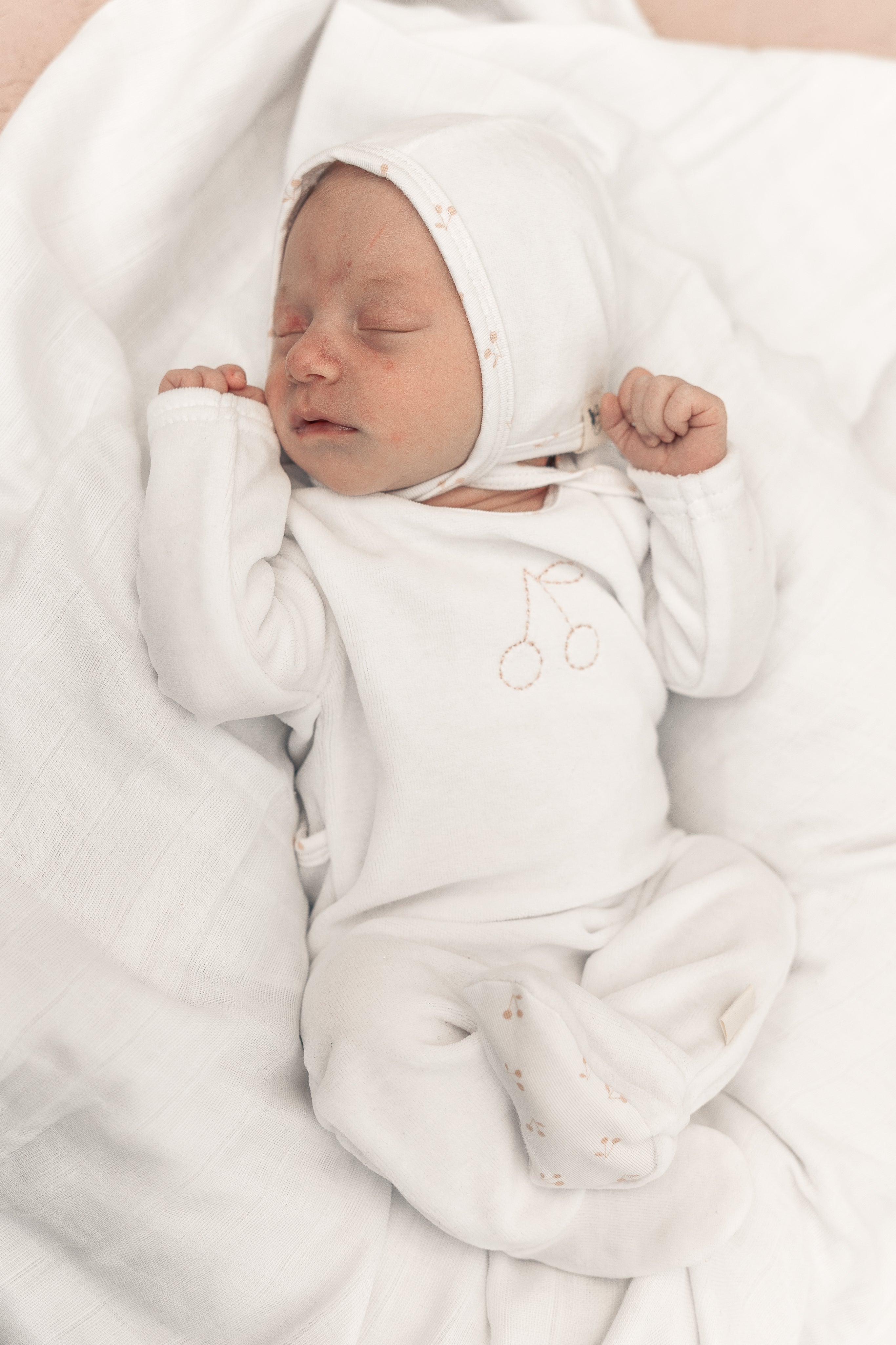 Cherry Print romper and Bonnet Set in Light Maple by Bebe Bella