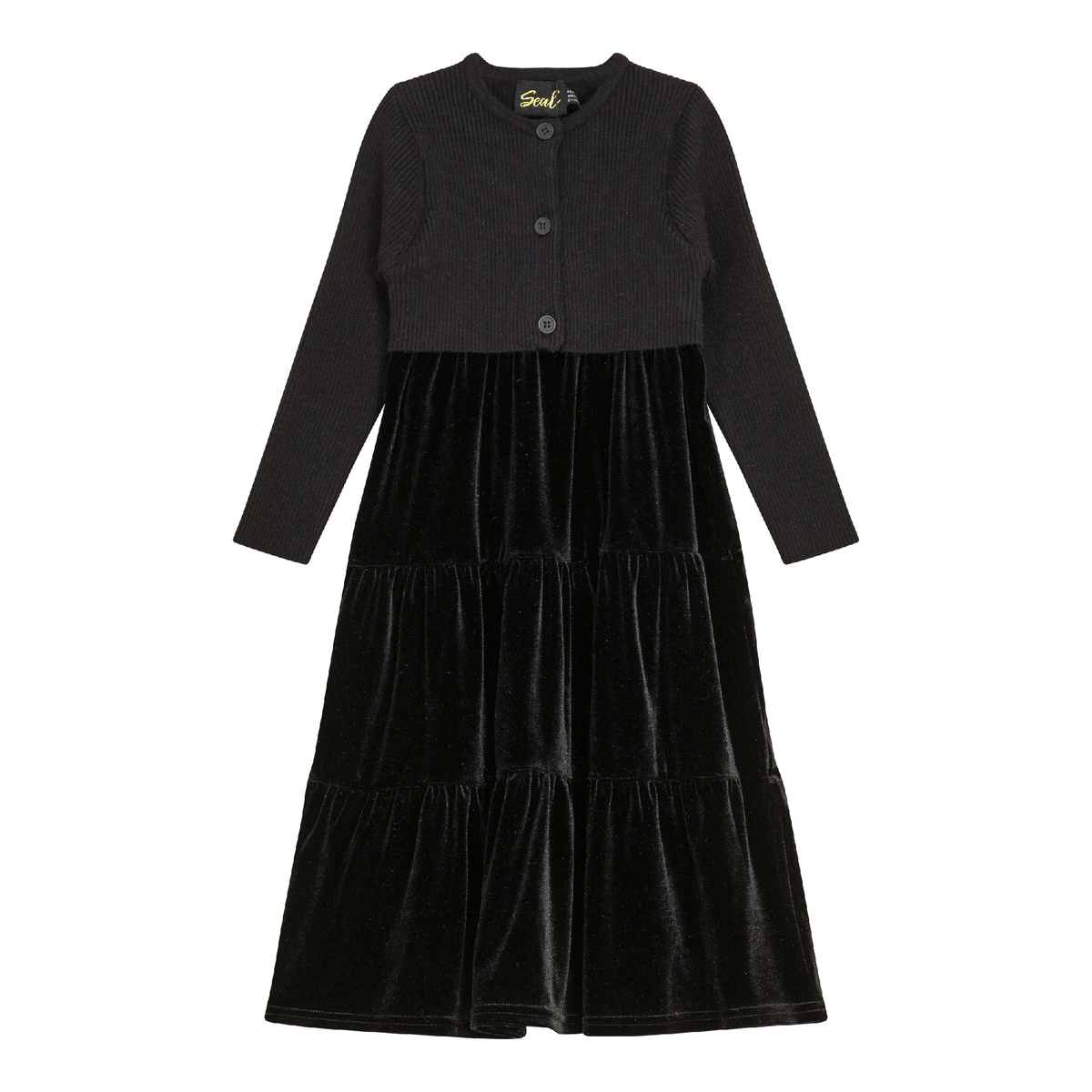 Velour Tired Jumper with Knit Cardigan in Black by Seal