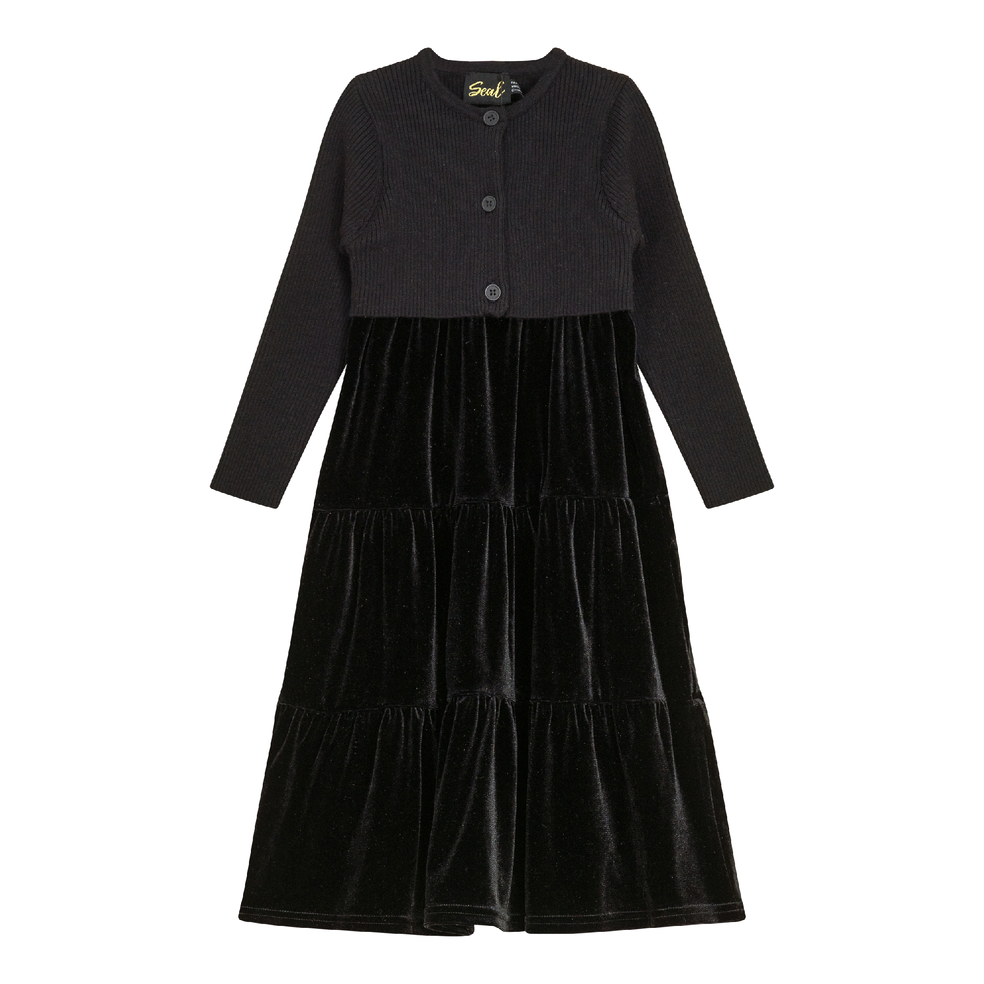 Velour Tired Jumper with Knit Cardigan in Black by Seal