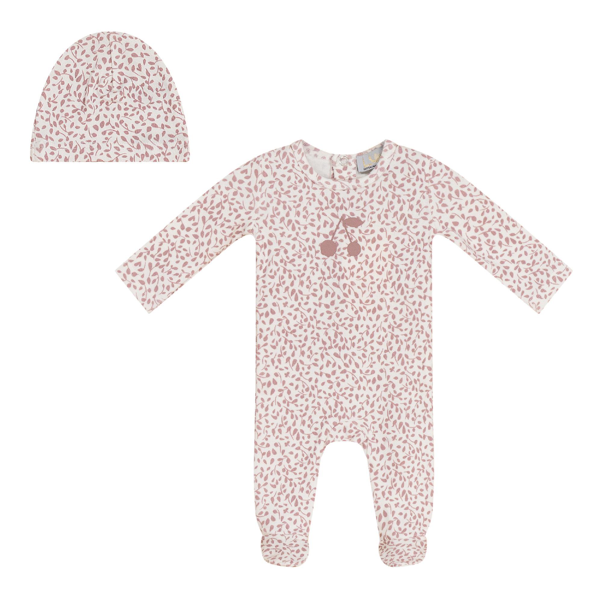 Cherry Print Onesie with Hat in Off White Rose by Lux