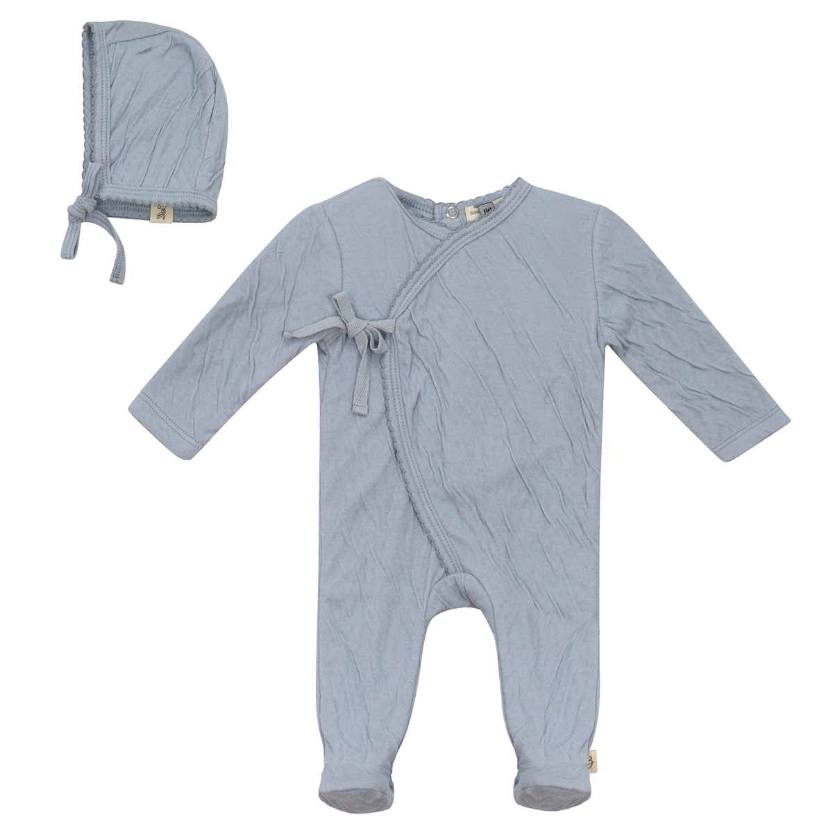 Crinkled Jersey Wrap Onesie With Bonnet in Blue by Bebe Bella