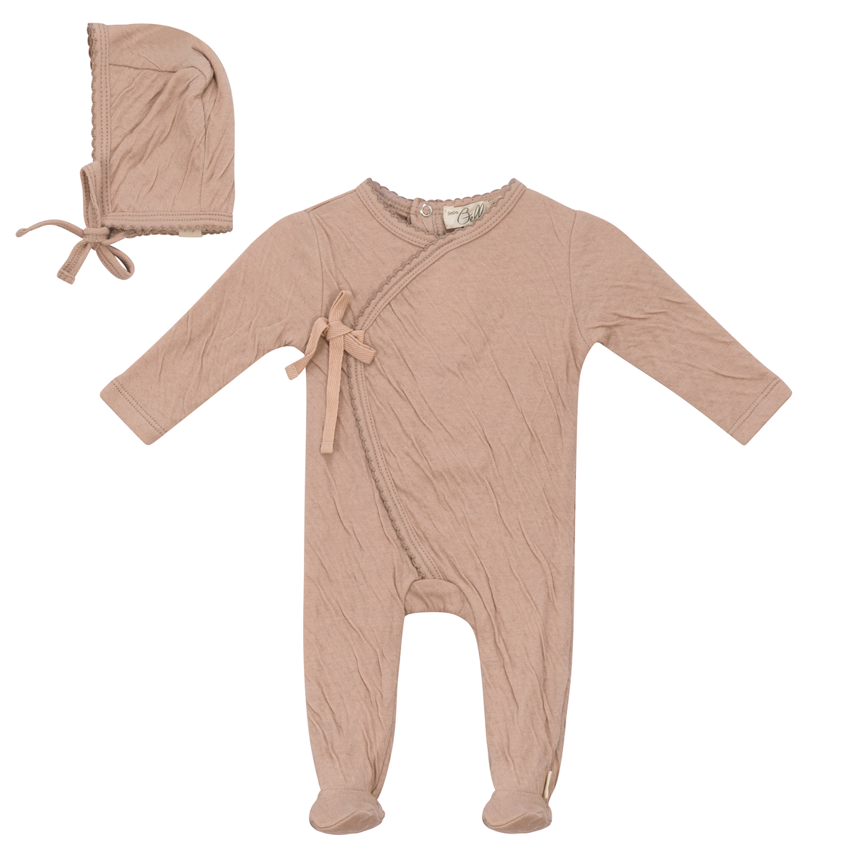 Crinkled Jersey Wrap Onesie With Bonnet in Light Maple by Bebe Bella