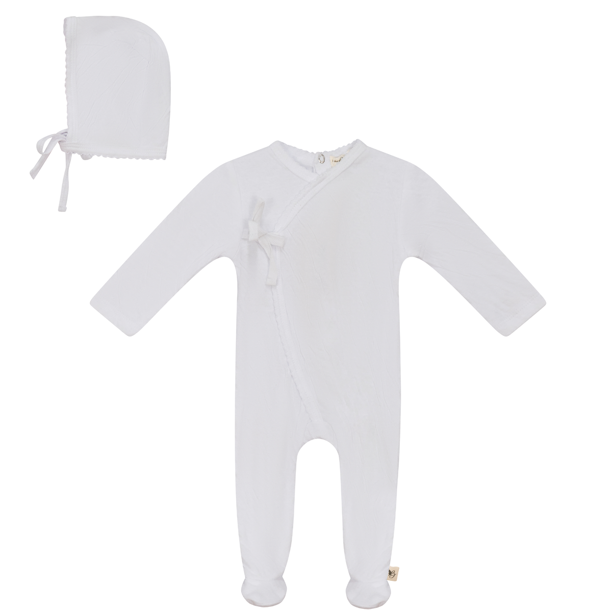 Crinkled Jersey Wrap Onesie With Bonnet in White by Bebe Bella