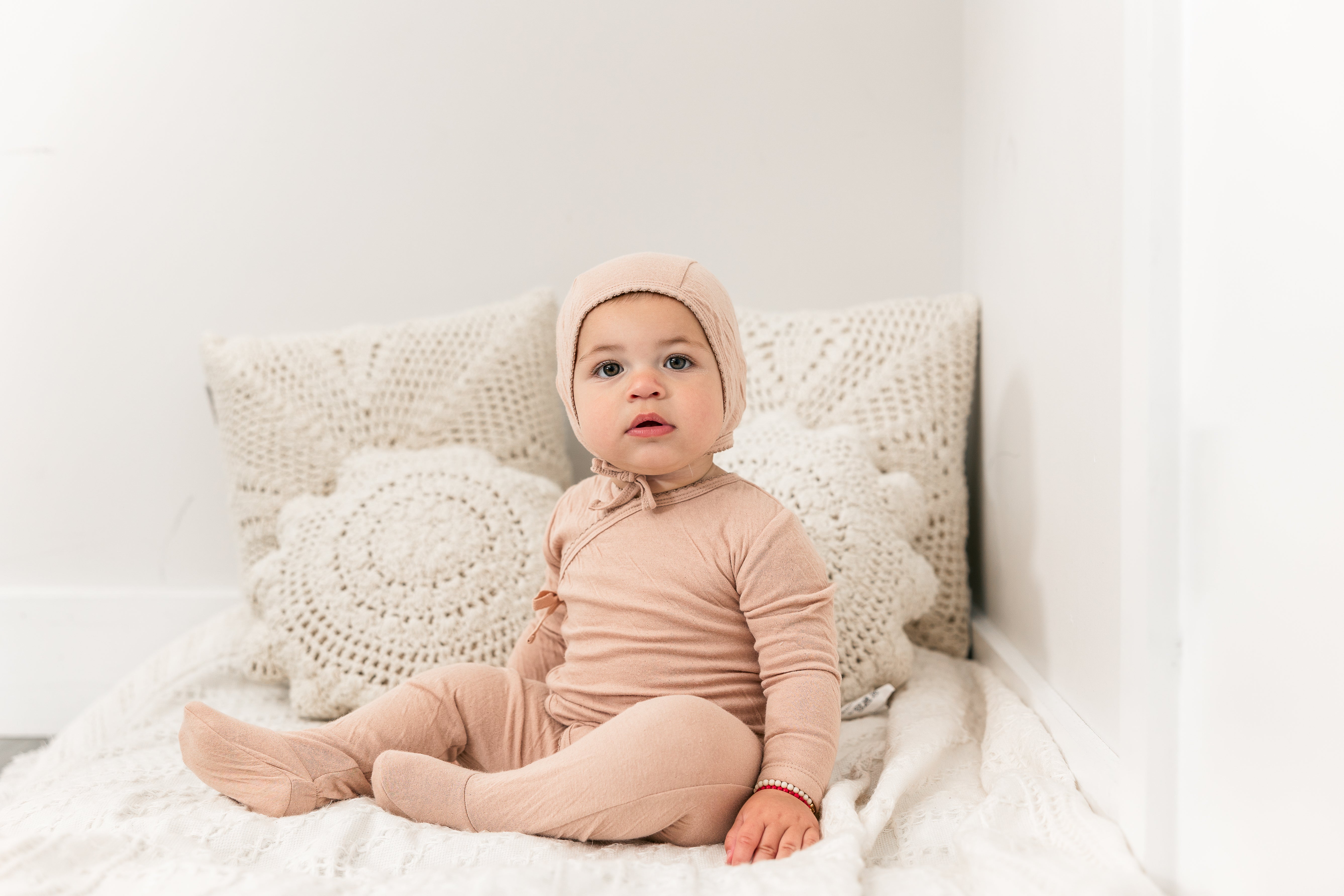 Crinkled Jersey Wrap Onesie With Bonnet in by Bebe Bella