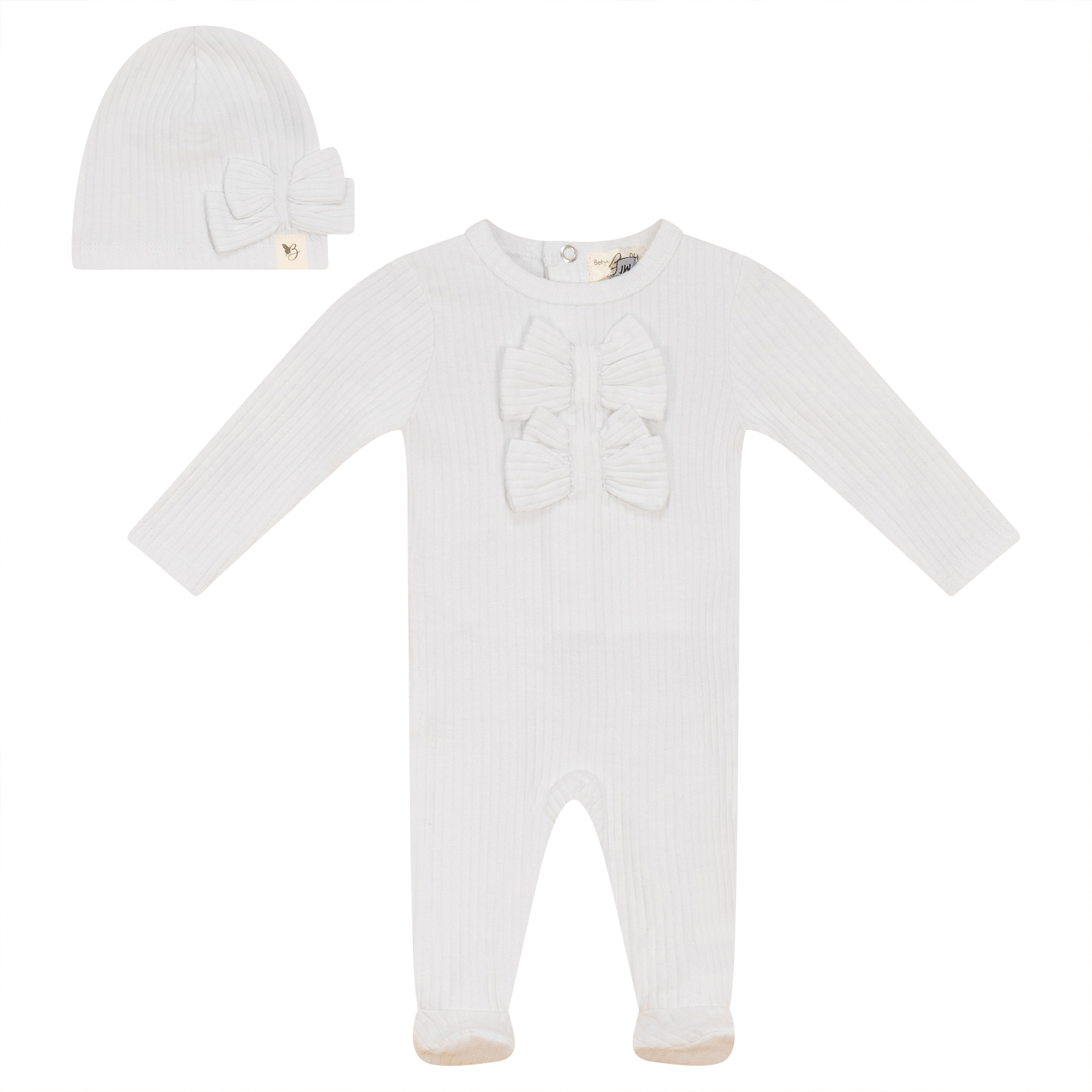 Bow Stitch Velour Onesie with Hat in White by Bebe Bella