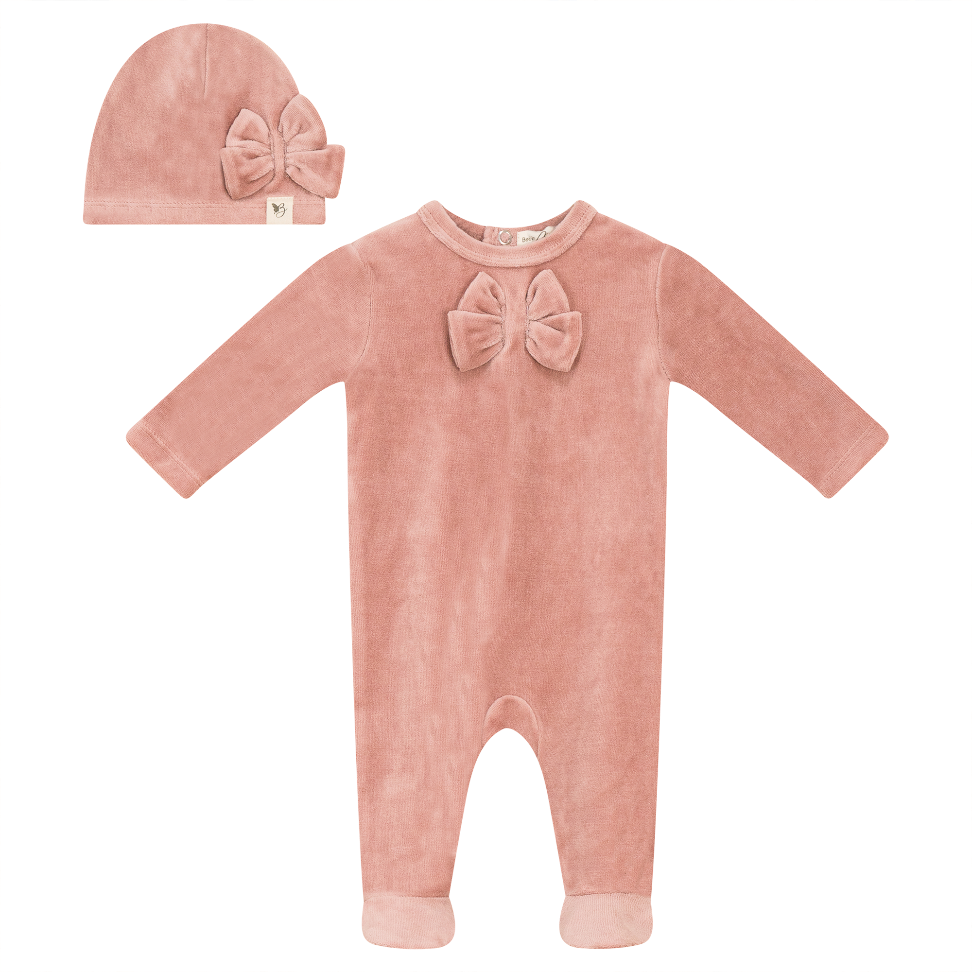 Bow Stitch Velour Onesie with Hat in Pink by Bebe Bella