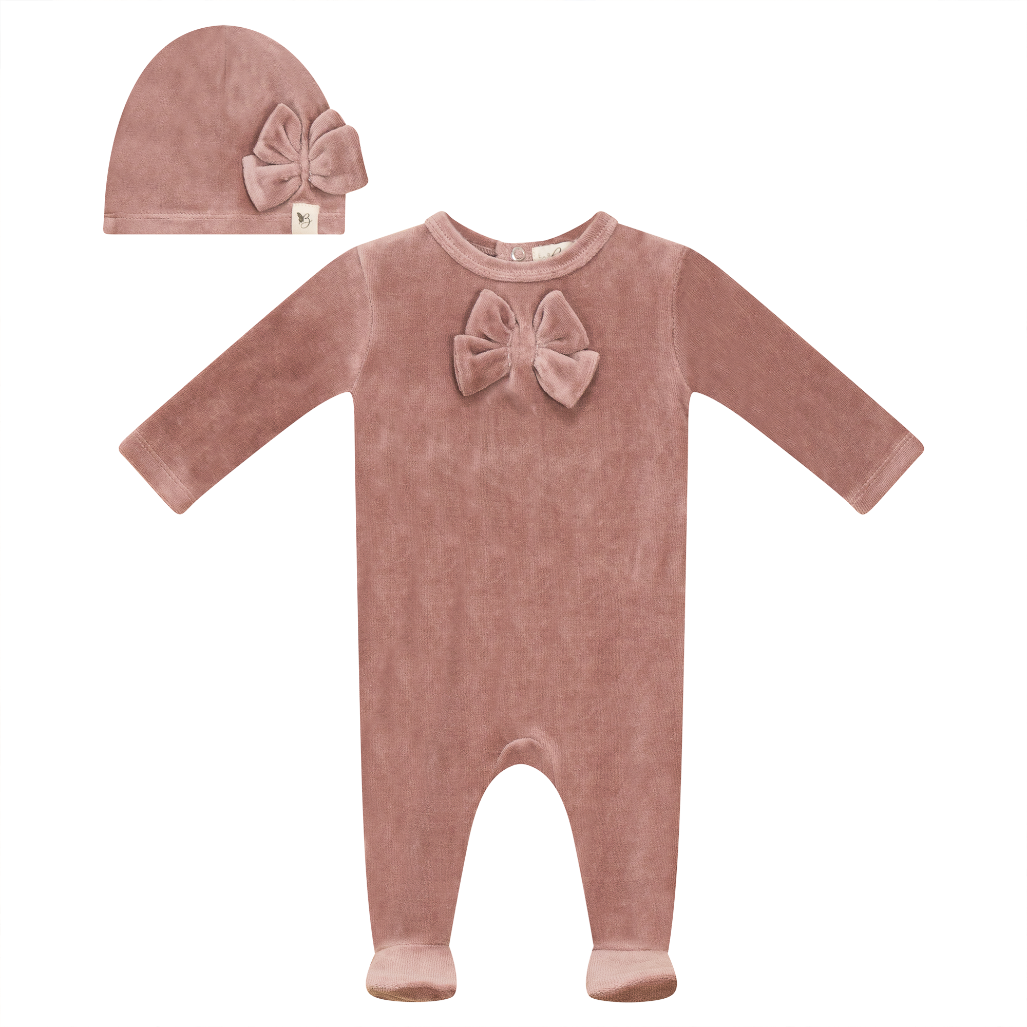 Bow Stitch Velour Onesie with Hat in Rose by Bebe Bella