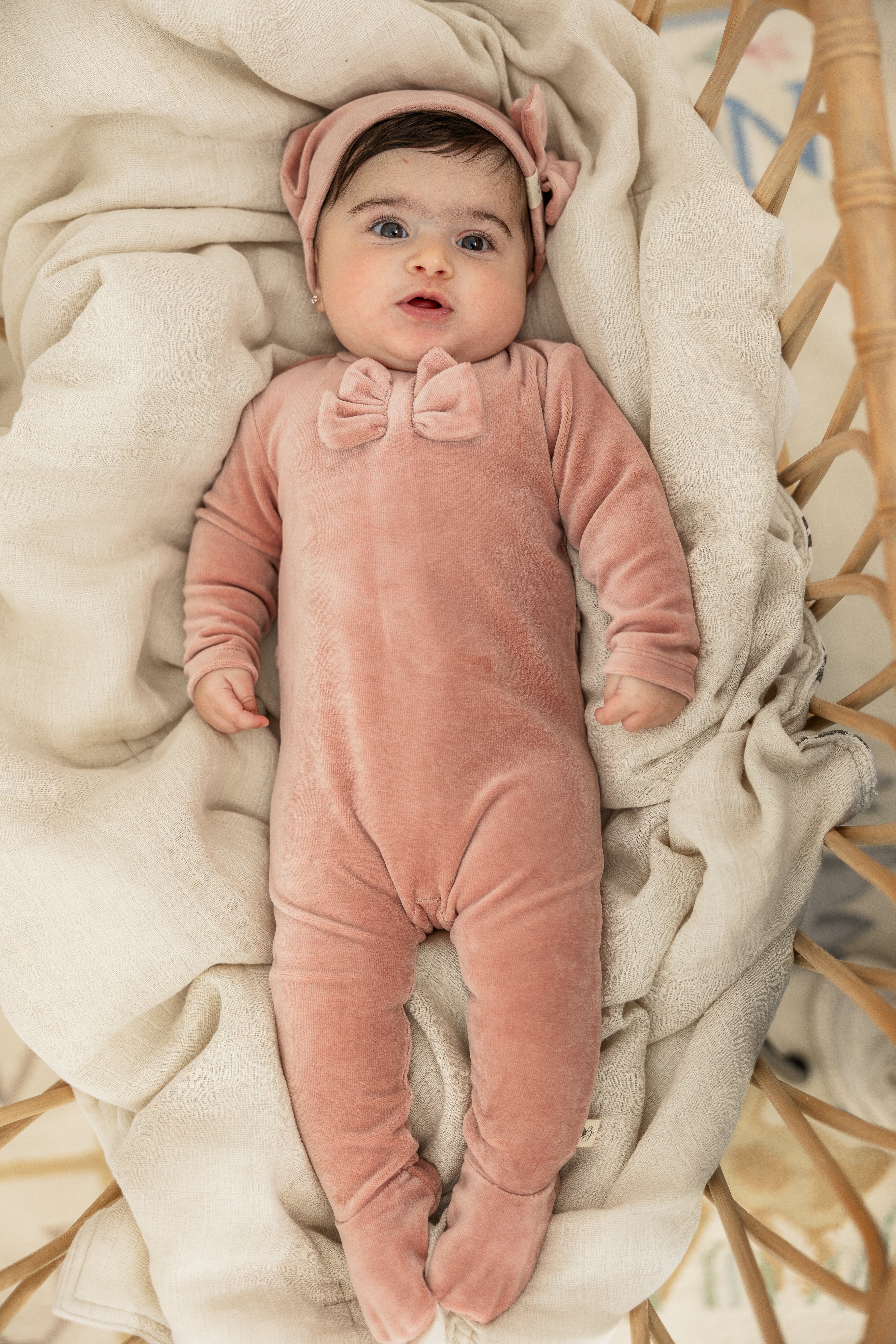Bow Stitch Velour Onesie with Hat in by Bebe Bella