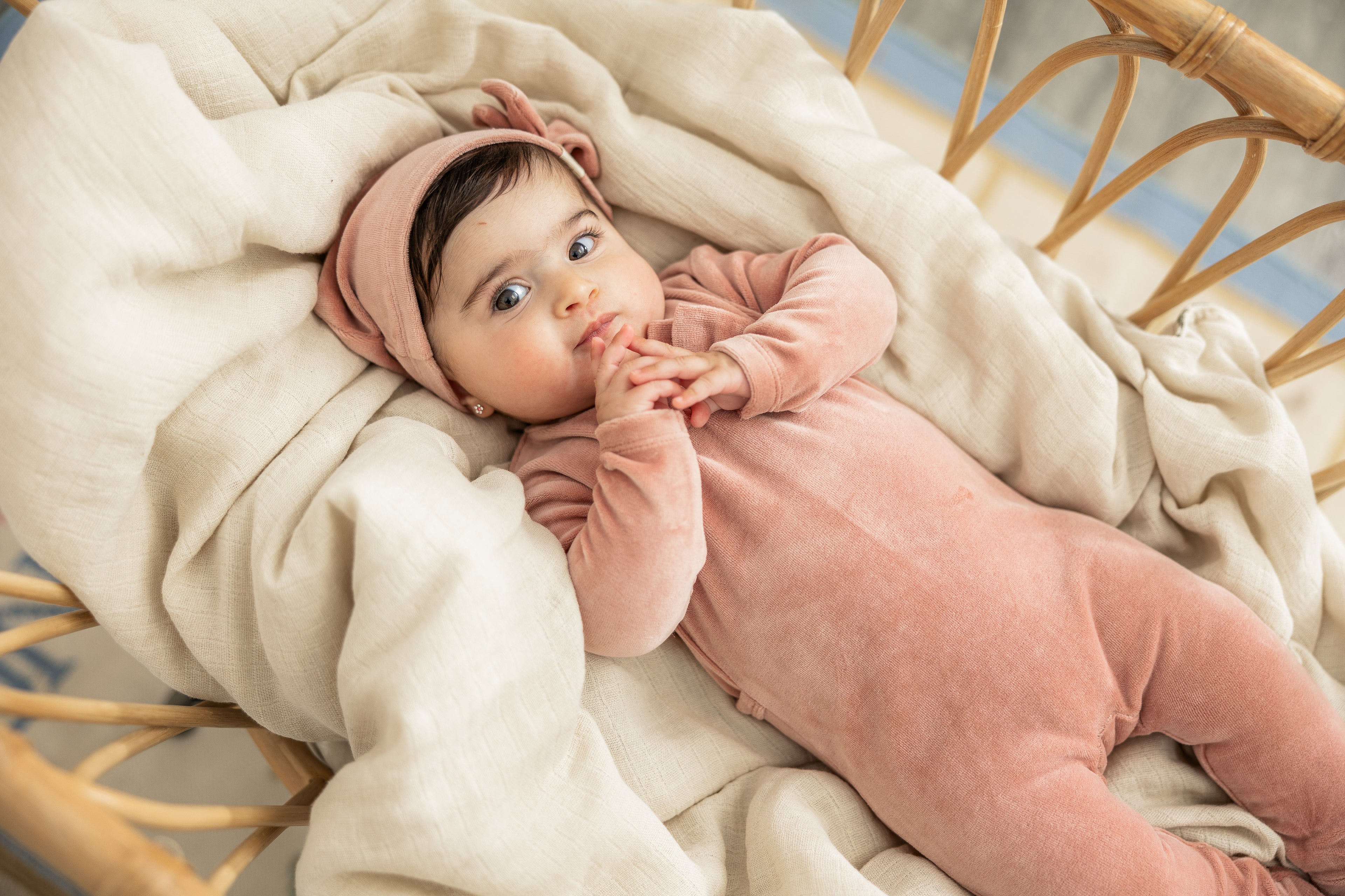 Bow Stitch Velour Onesie with Hat in Pink by Bebe Bella