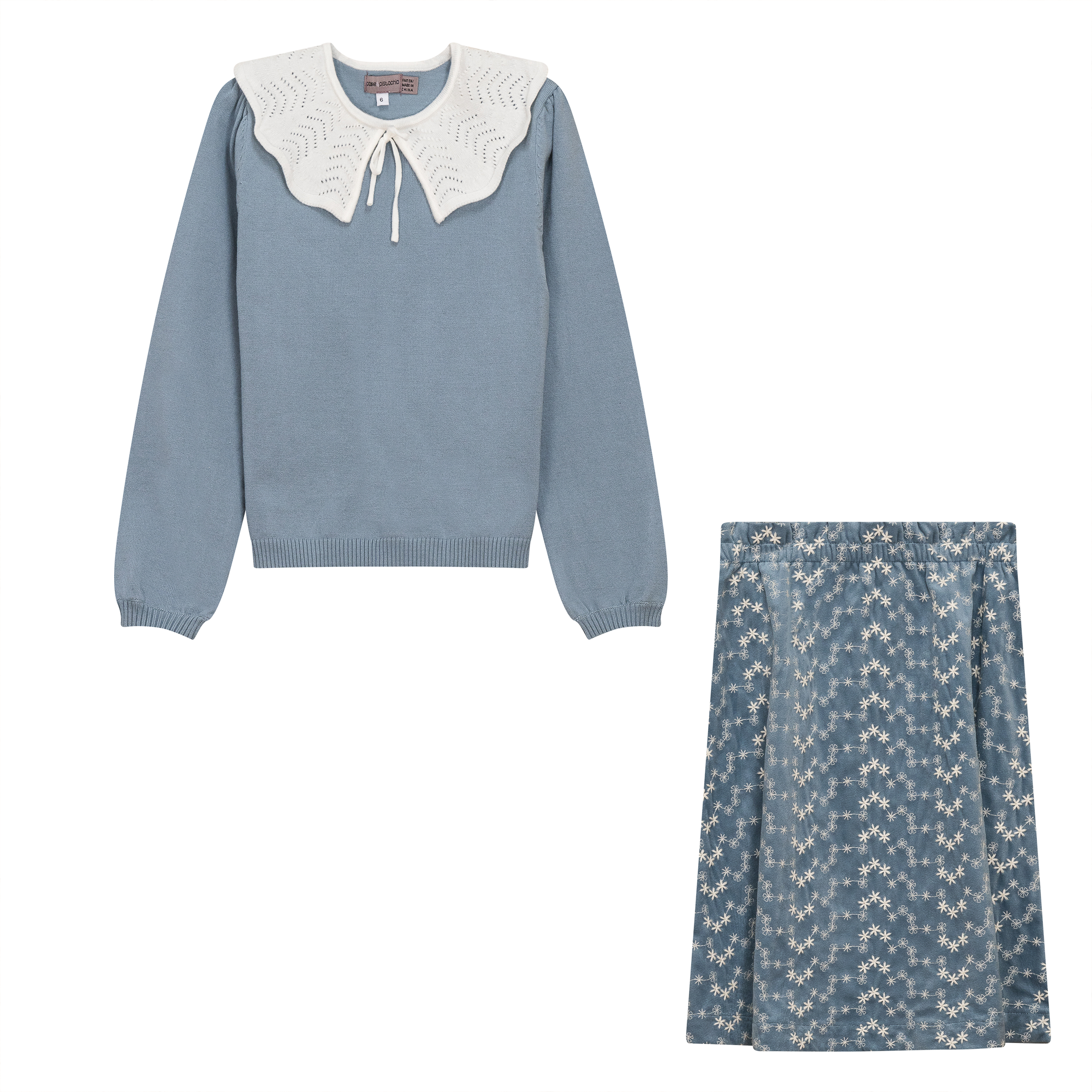 Embroidered Velvet 2Pc Set in Blue by Posie & Pistachio