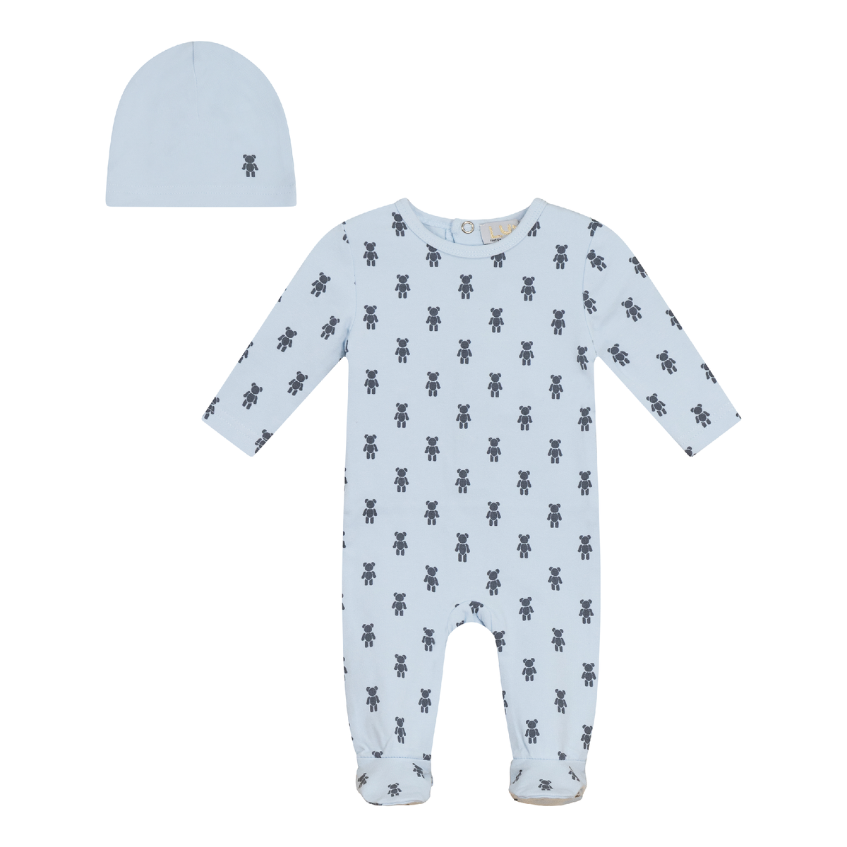 Bear Print Onesie with Hat in Baby Blue by Lux