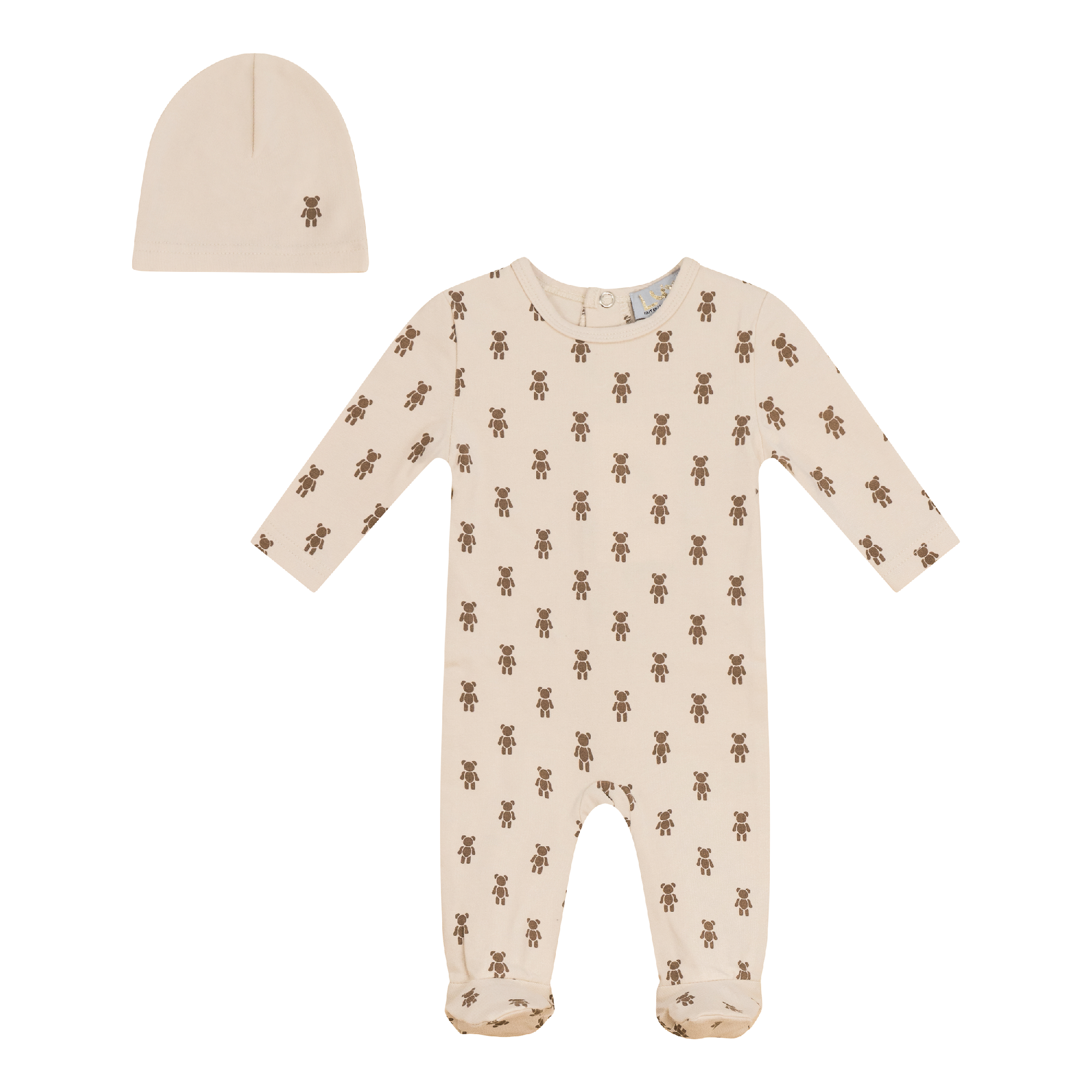 Bear Print Onesie with Hat in Dark Almond by Lux